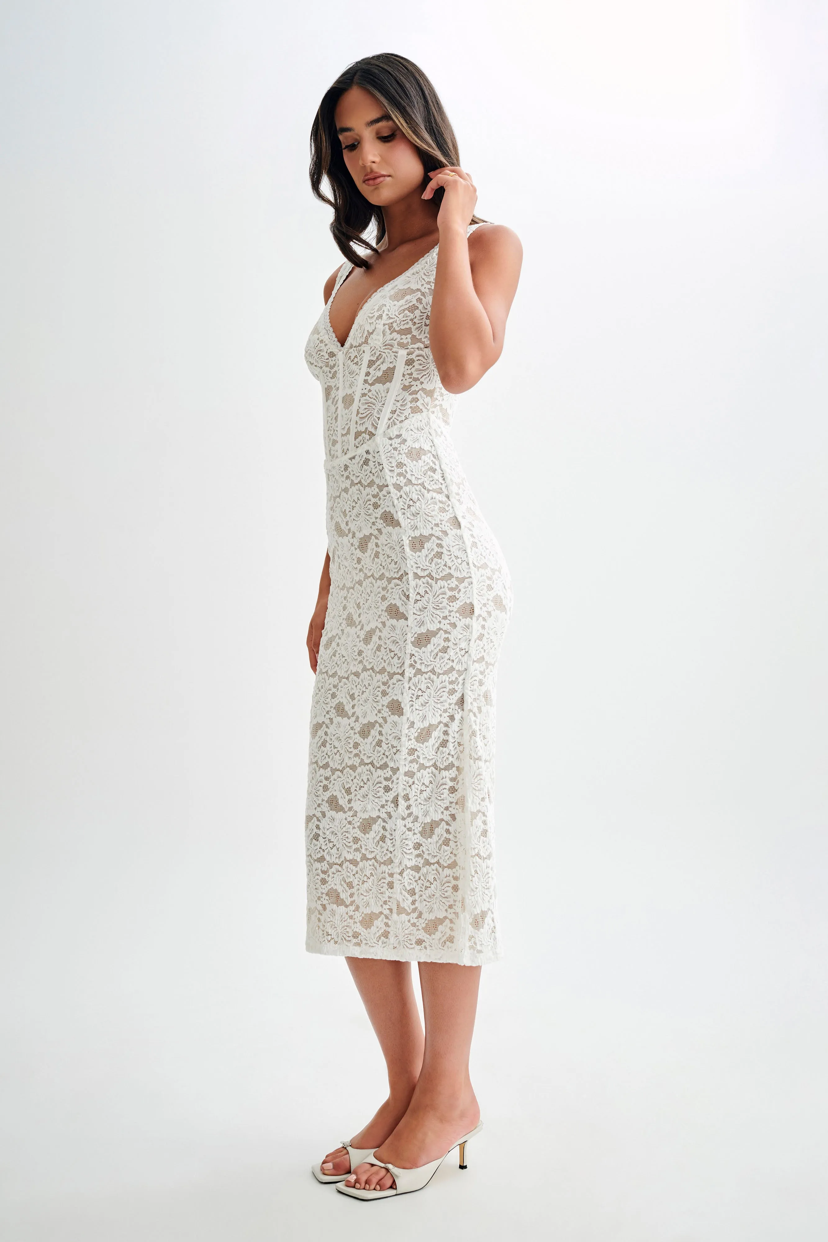 Mix-And-Match Comfortable and Flattering Doria Lace Plisse Midi Dress - Ivory