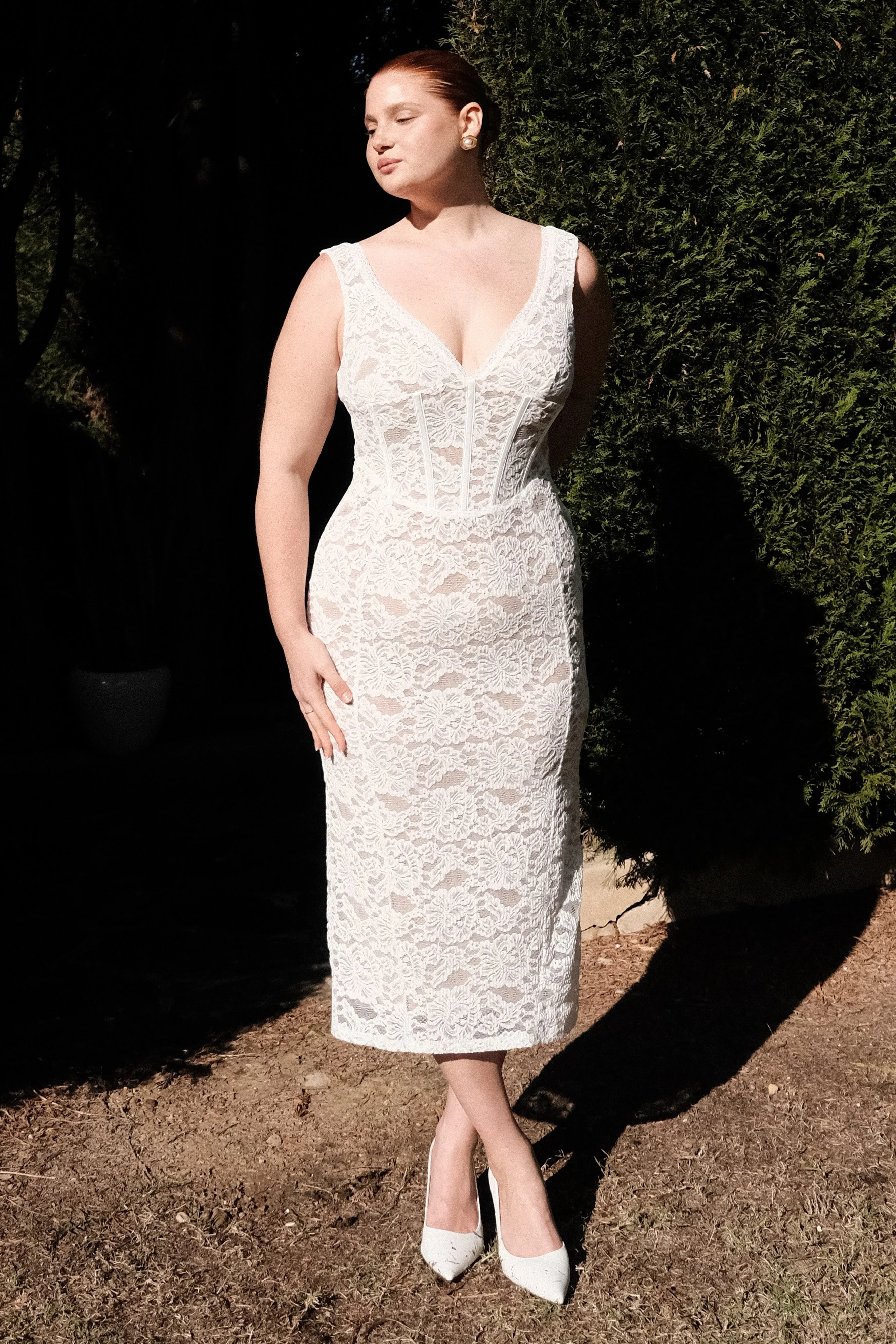 Doria Lace Plisse Midi Dress - Ivory Walk Grace Timeless and Comfortable