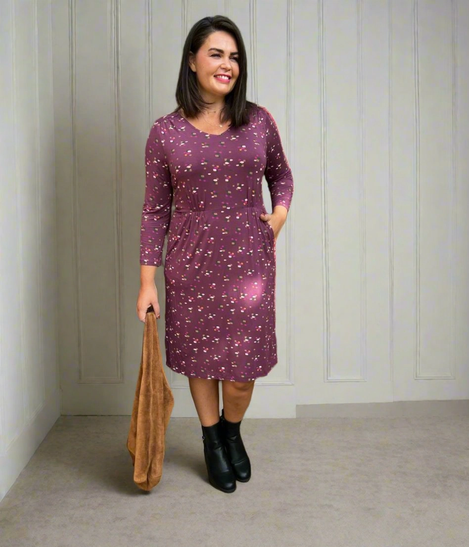 Weekend Chic Quiet Luxury Tallie Plum Print Midi Dress