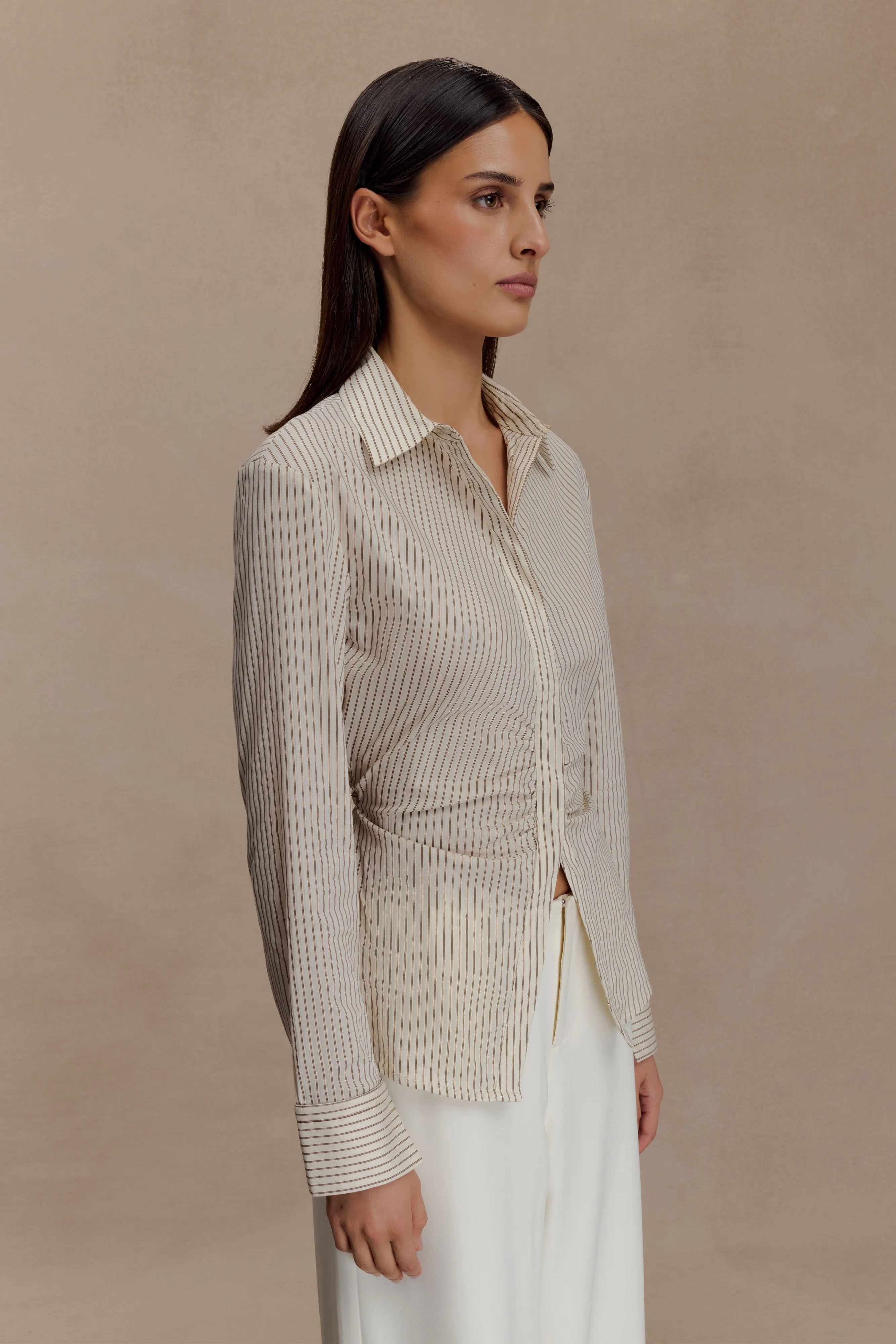 RibbedHemline StainRepellentCoating Millie Tie Back Cotton Shirt - Beige Pinstripe