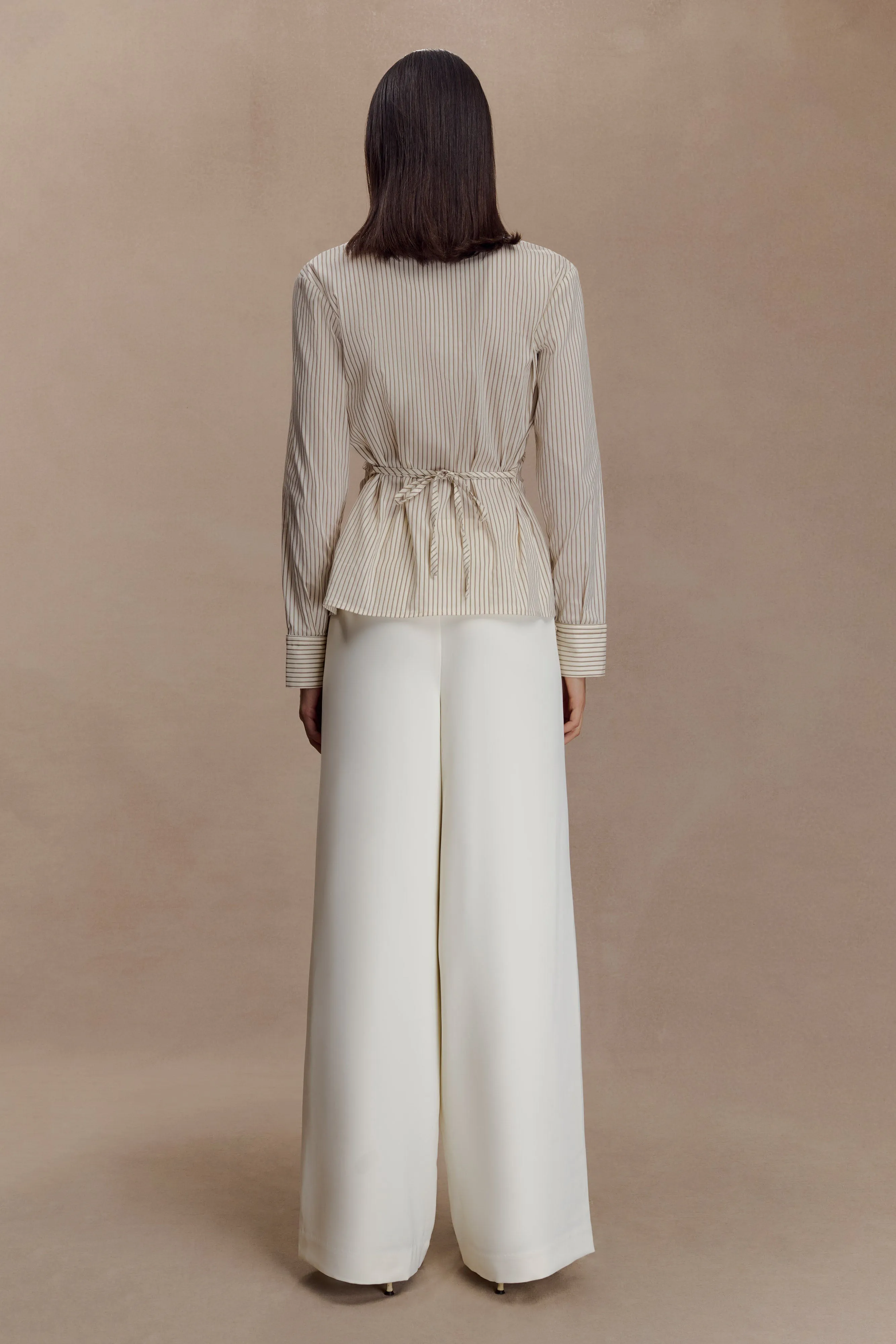 Reinforced Hems Foldable Cuff Design Millie Tie Back Cotton Shirt - Beige Pinstripe