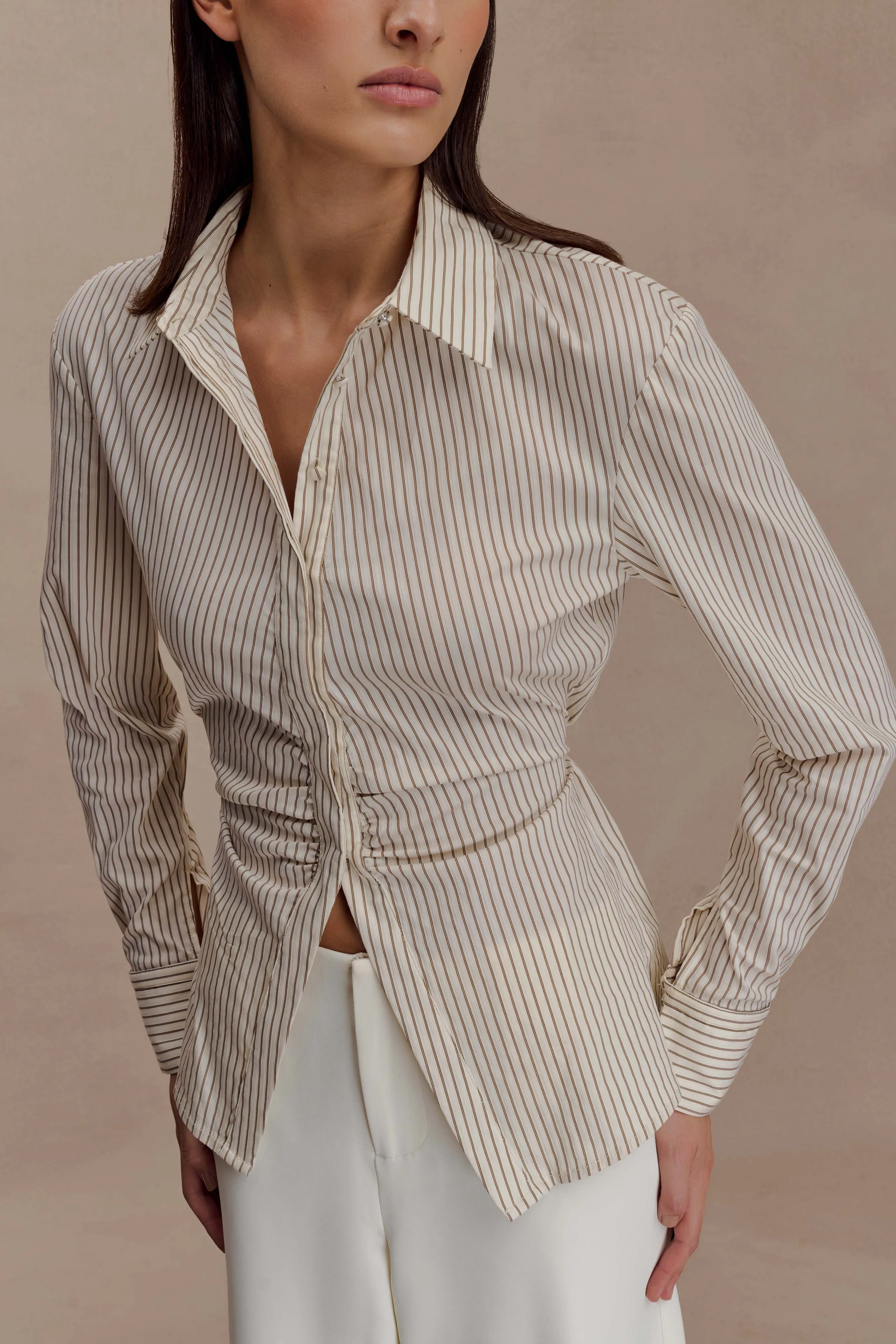 BuiltInLayer Millie Tie Back Cotton Shirt - Beige Pinstripe