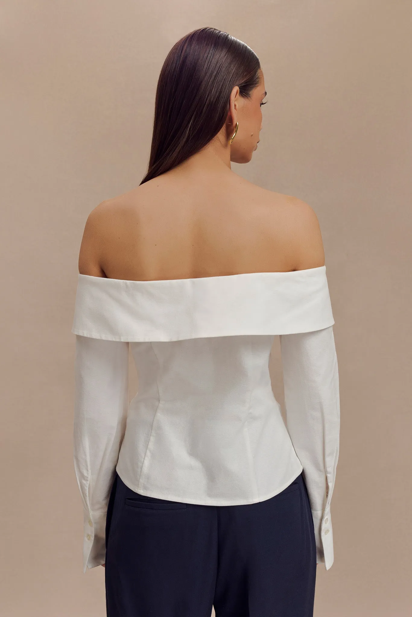 Spencer Off Shoulder Shirting Top - White Durable Reinforced Shoulders