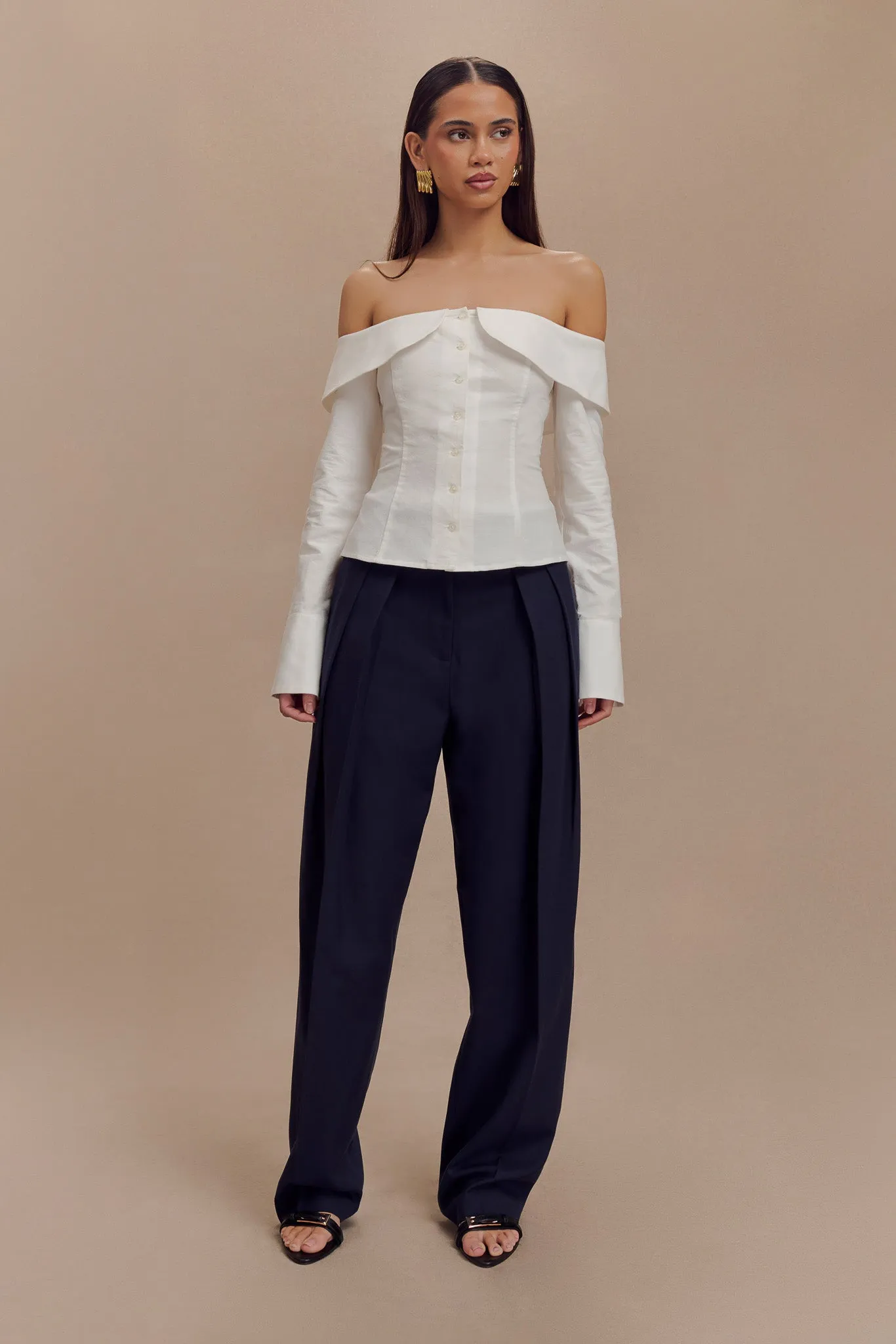 DoubleStitchedSeams Two Tone Texture Effect Spencer Off Shoulder Shirting Top - White