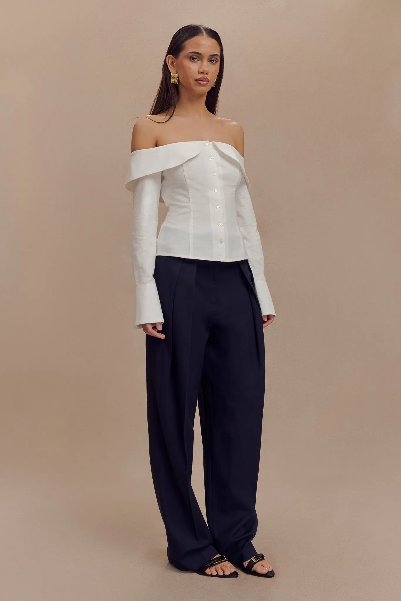 Compression Fit Spencer Off Shoulder Shirting Top - White
