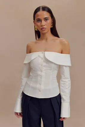 Lightweight Knit Spencer Off Shoulder Shirting Top - White