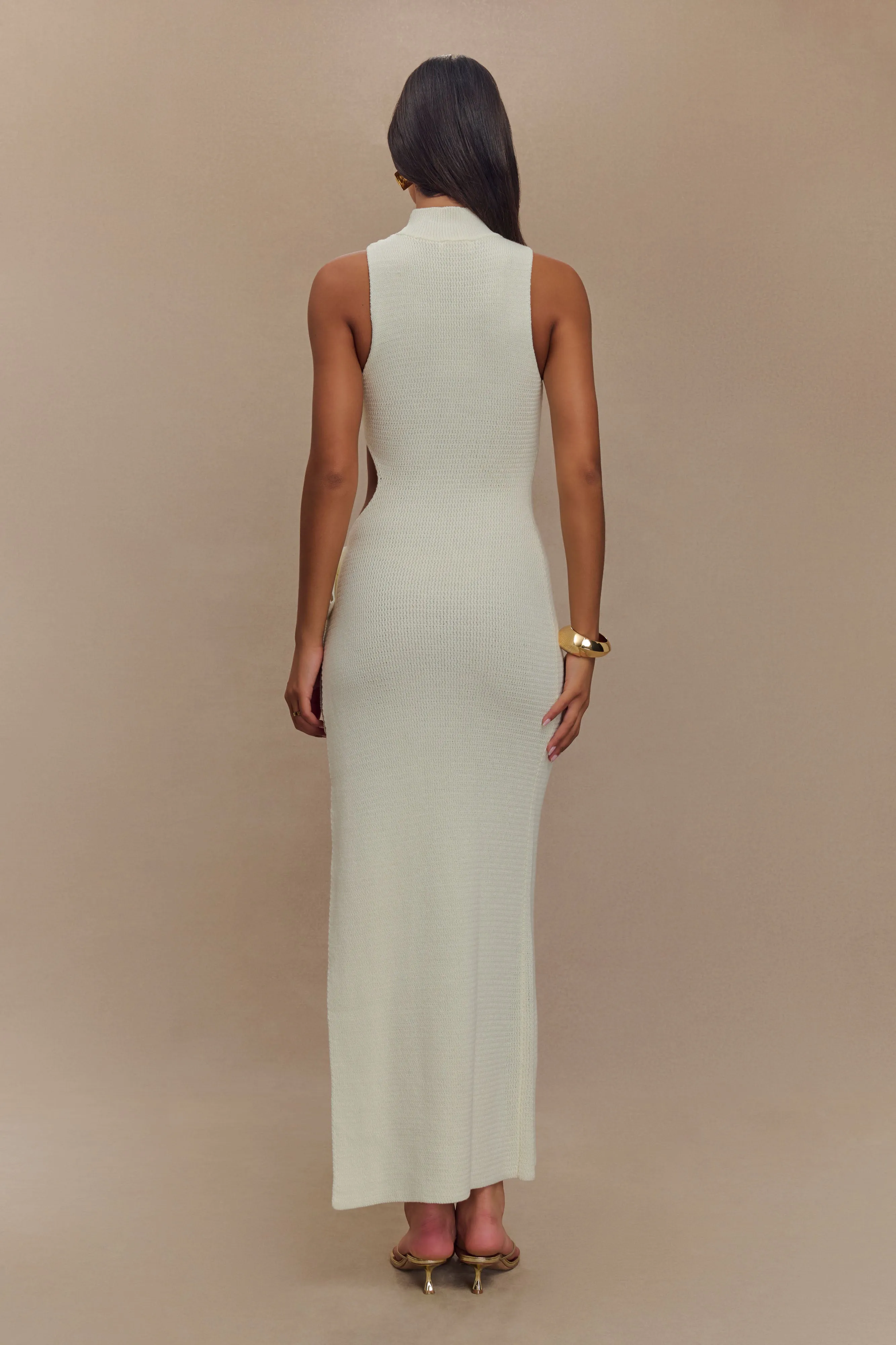 Stephanie Cut Out Knit Maxi Dress - Ivory Side Ruching Lightweight and Breezy