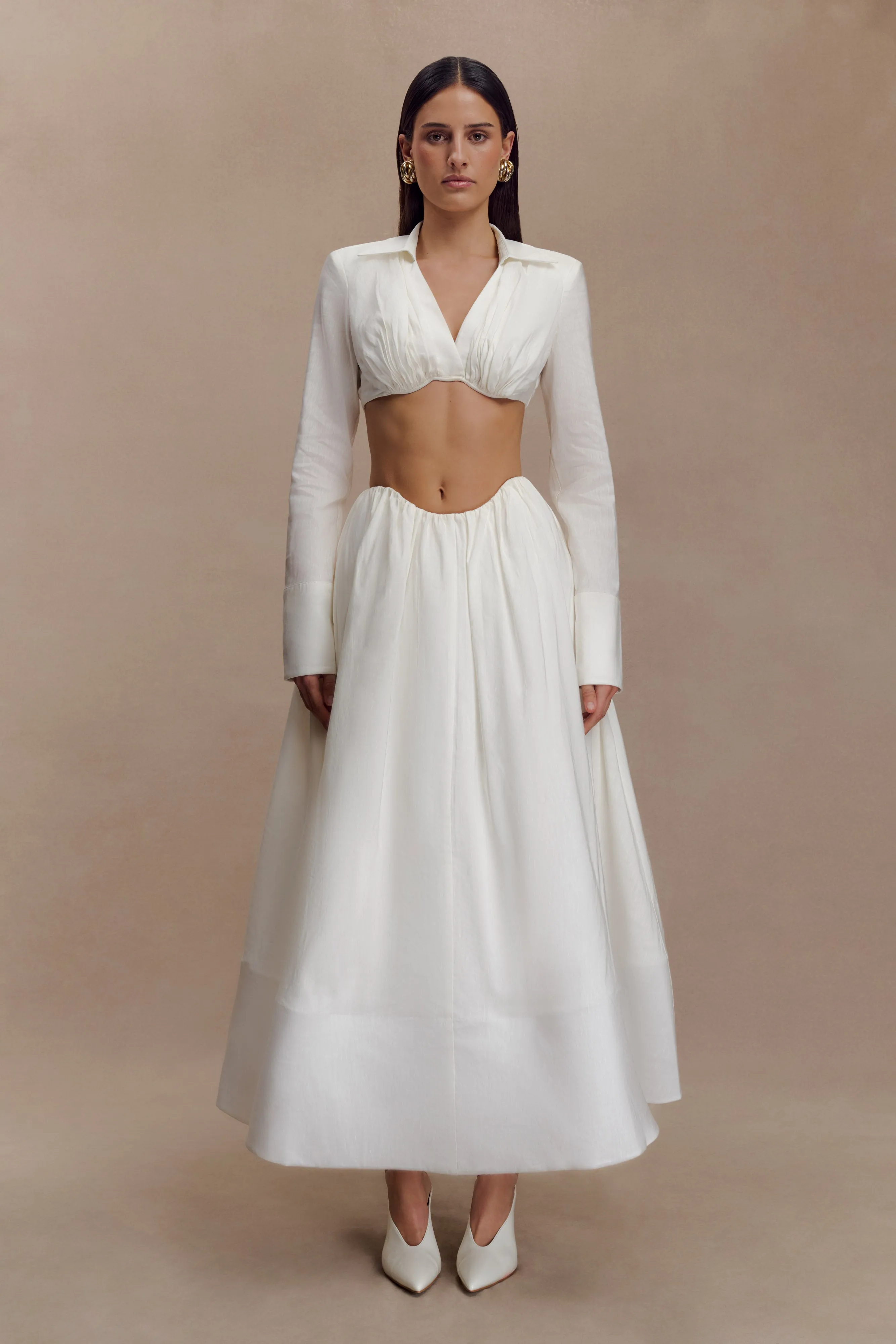 Greta Gathered Maxi Skirt - White Stretchable Fit