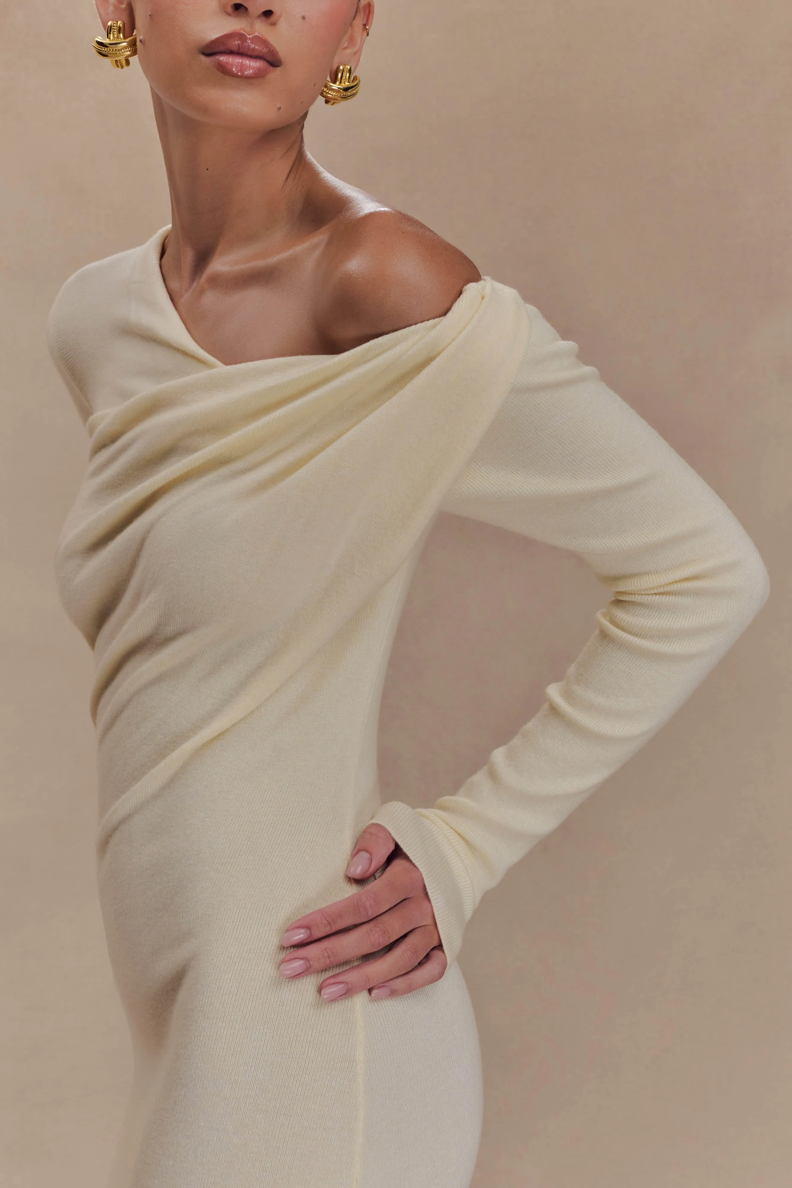 Culver Draped Twist Knit Midi Dress - Cream Grace Walk Casual Must-Have