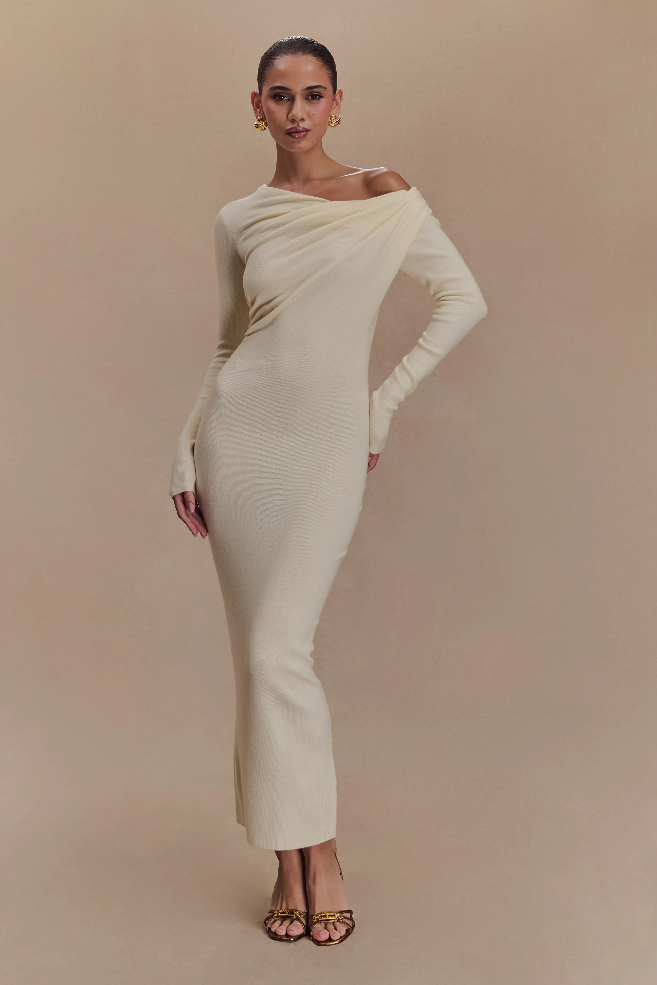 Soft Fashion Silky Layer Culver Draped Twist Knit Midi Dress - Cream