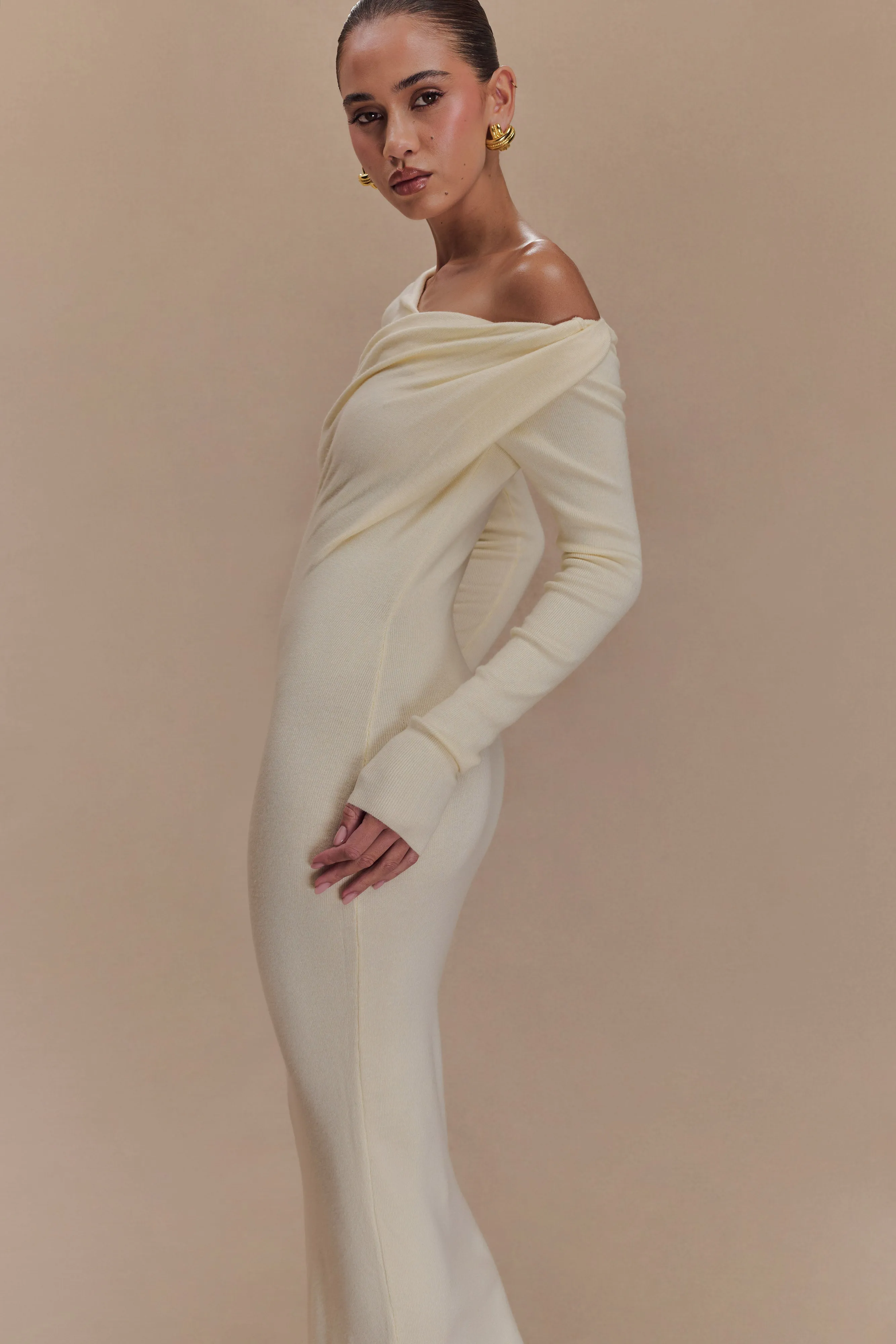 Culver Draped Twist Knit Midi Dress - Cream Smile Soft Cool Simplicity