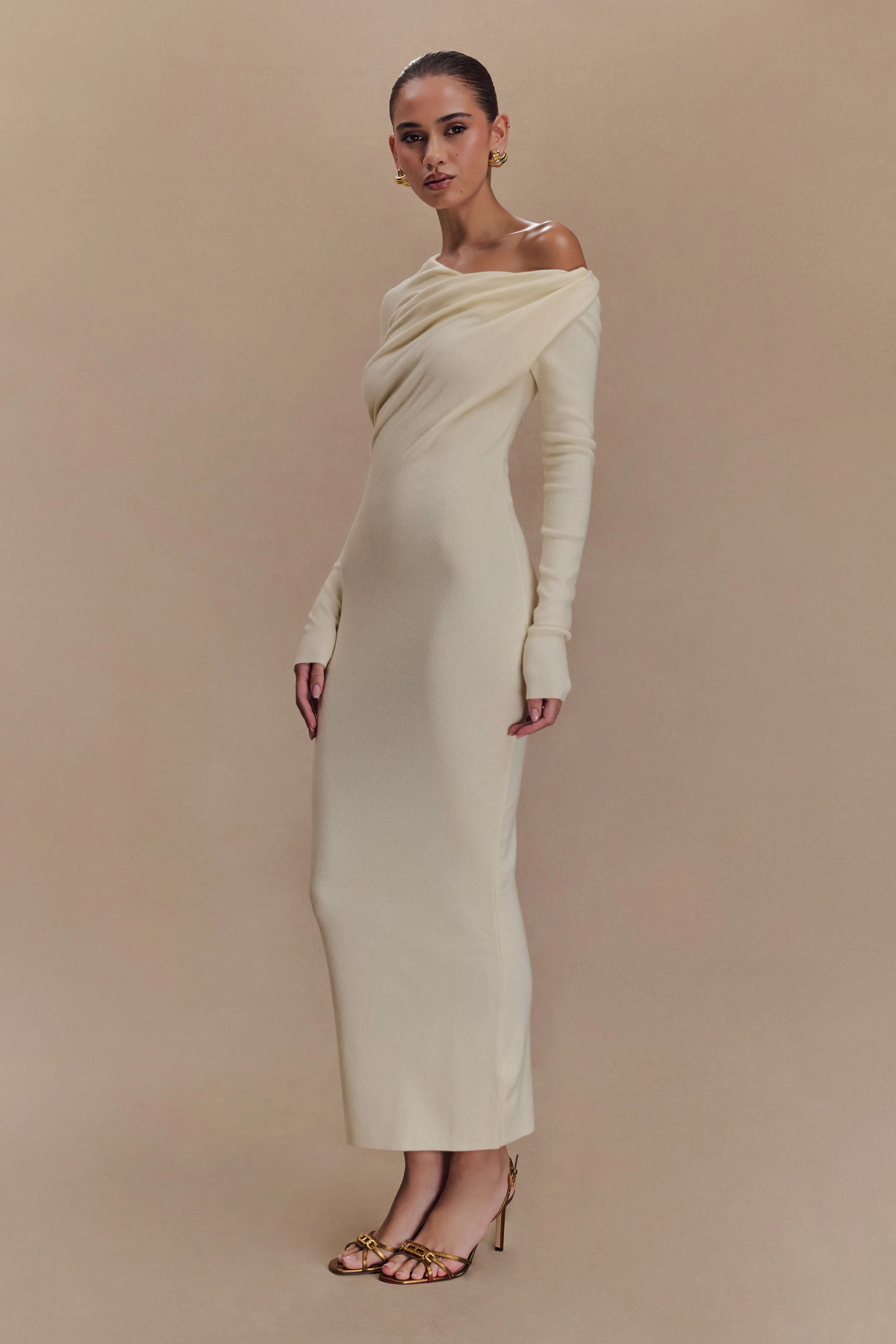 Night Appeal Back-Zip Culver Draped Twist Knit Midi Dress - Cream