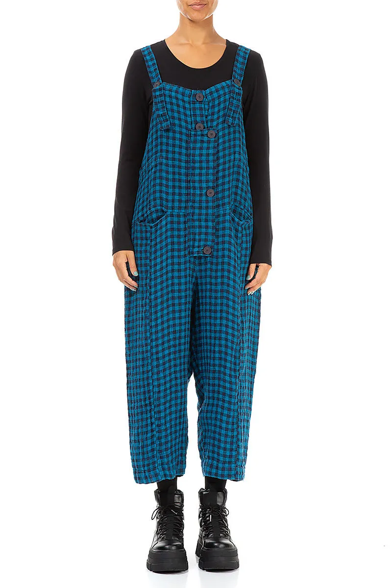 Strappy Blue Check Linen Jumpsuit Stretchable Fit