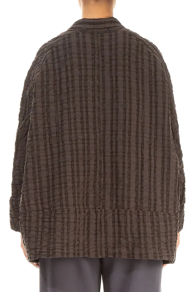 Fleece Lined Interior Slim Silhouette Forest Brown Checkered Linen Cotton Jacket