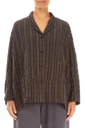 Forest Brown Checkered Linen Cotton Jacket Foldable Collar