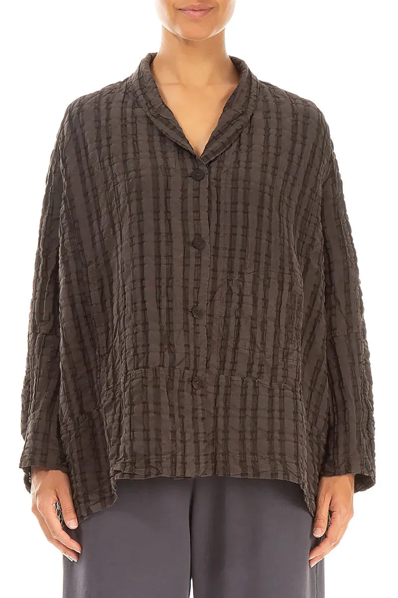 Forest Brown Checkered Linen Cotton Jacket Foldable Collar