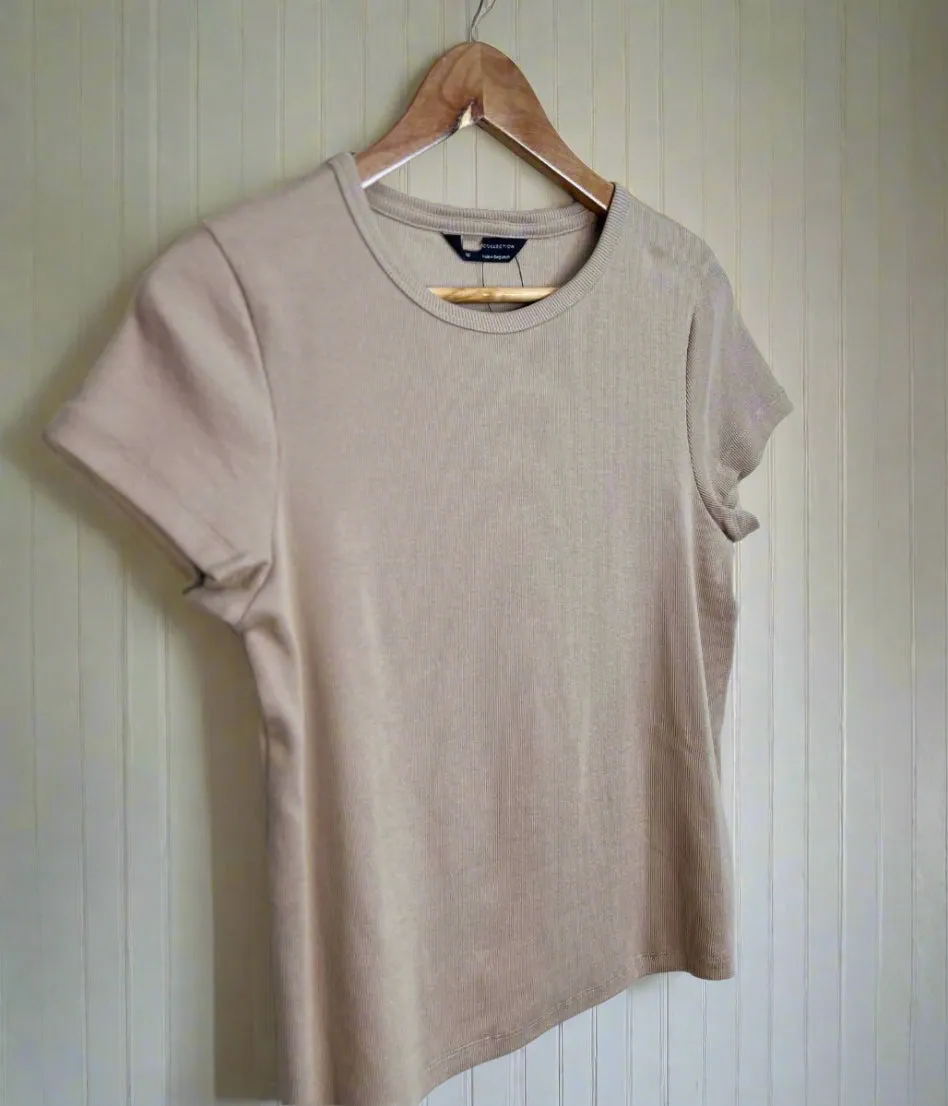 Beige Cotton Rich Ribbed Tee Cozy Fashion