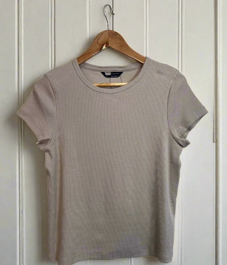 Beige Cotton Rich Ribbed Tee Chic Jacket wrinkle free