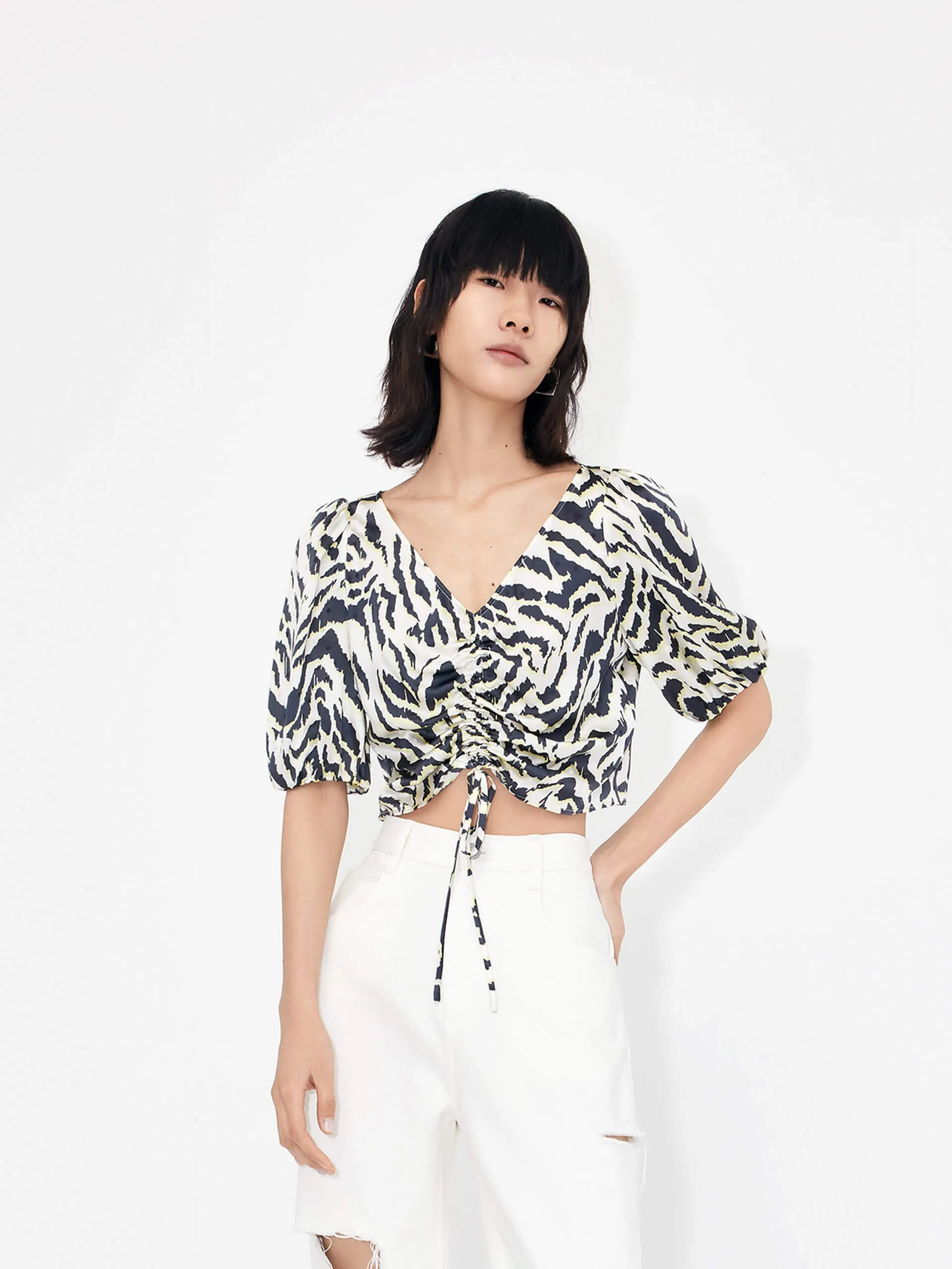 Silk Tiger Print V Neck Top ZipperedPockets UV Protective Coating