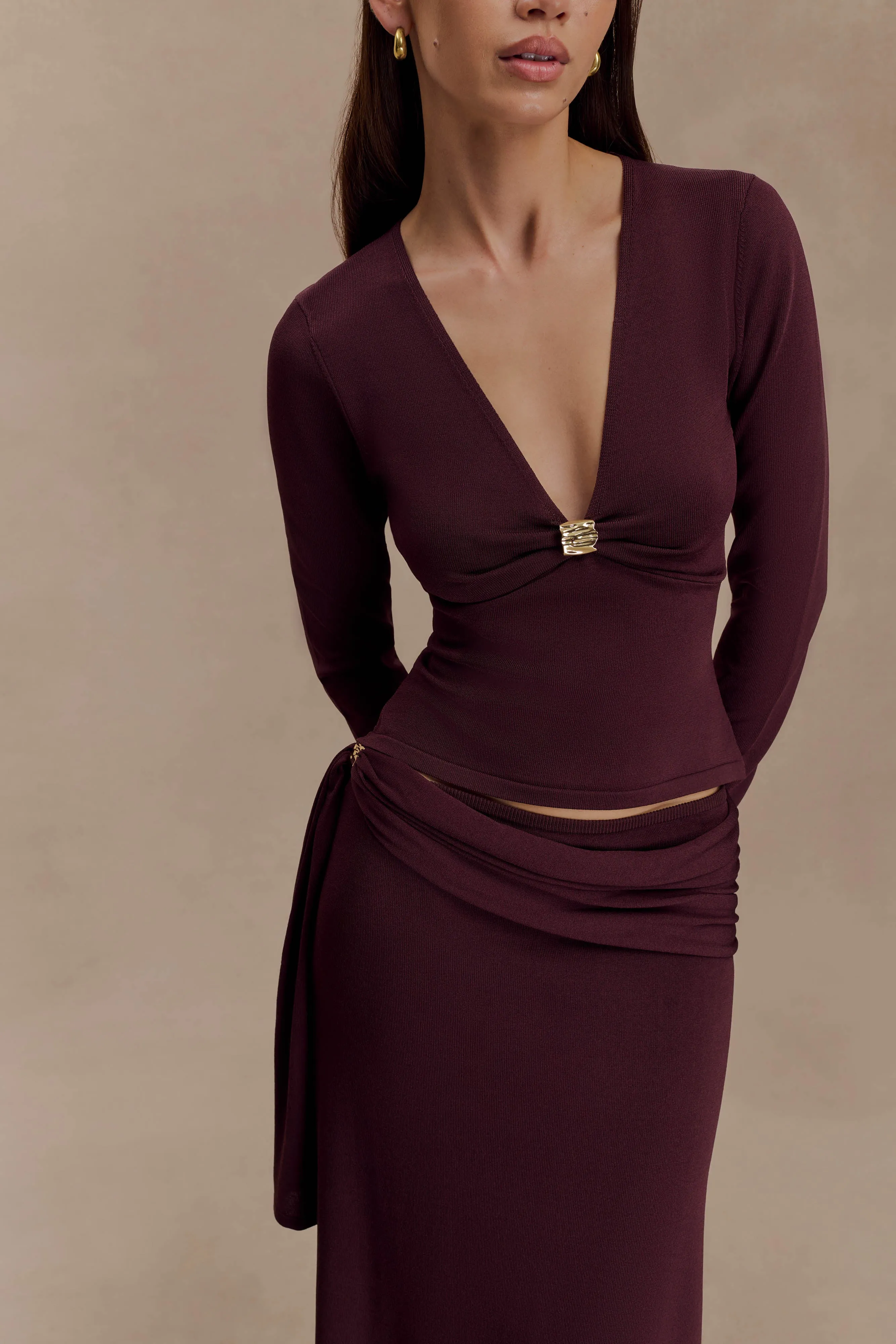 AthleisureReady DoubleLayeredShoulders Miraby Front Ruched Knit Long Sleeve Top - Dark Chocolate