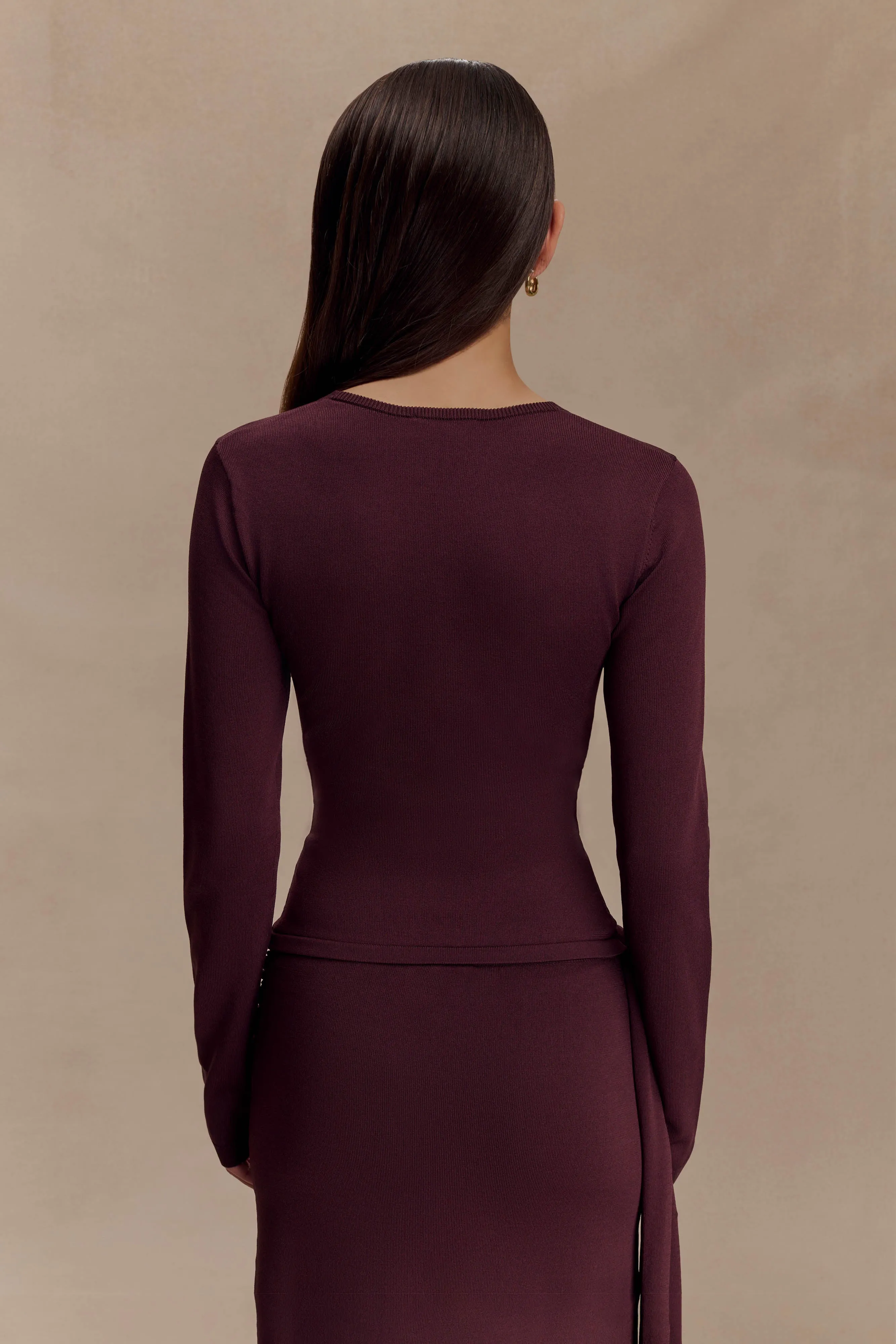 Miraby Front Ruched Knit Long Sleeve Top - Dark Chocolate Flexible Waistband Adaptation