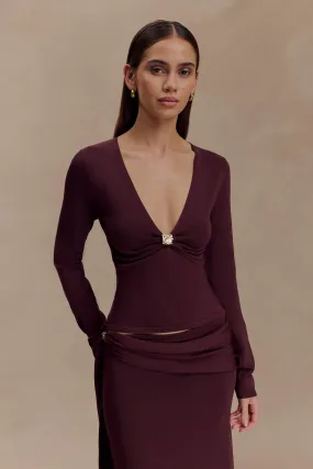 Resilient Elasticity Miraby Front Ruched Knit Long Sleeve Top - Dark Chocolate