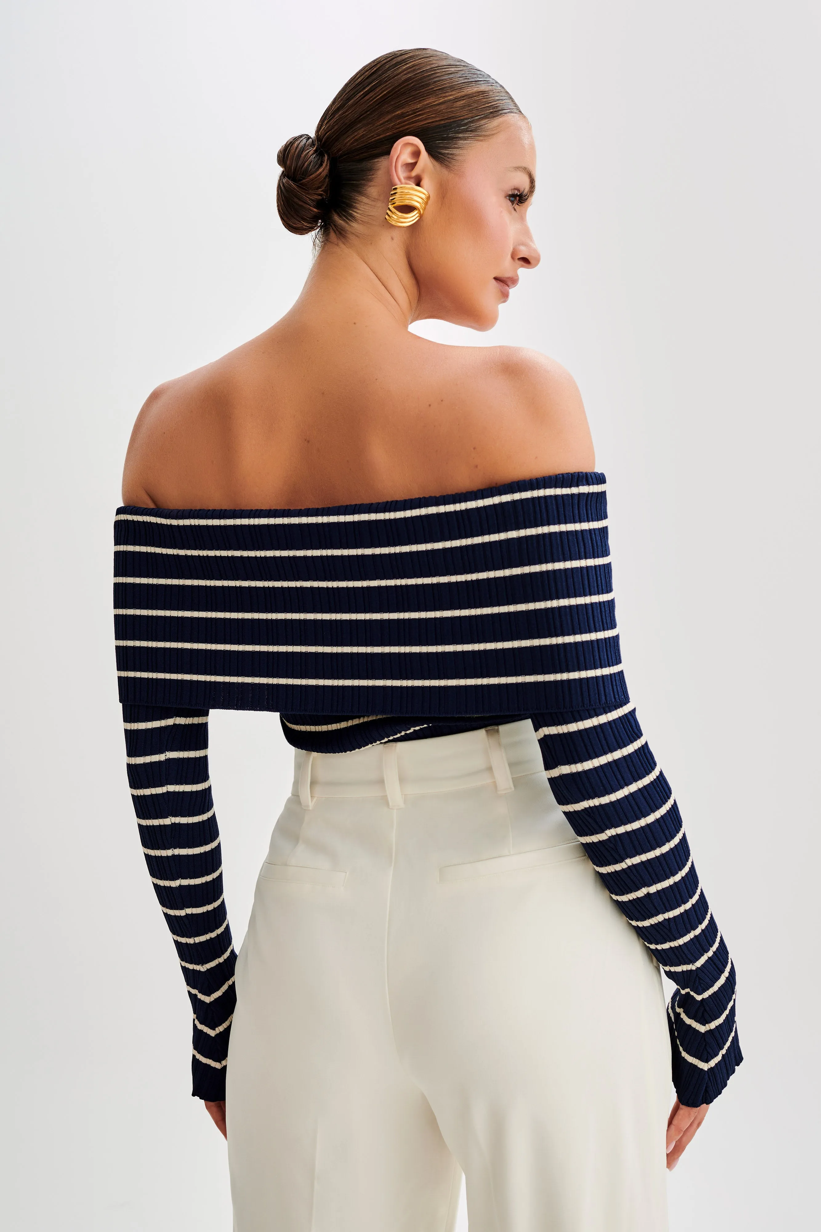 wrinkle free finish LowProfile Zipper Dominica Off Shoulder Knit Top - Navy