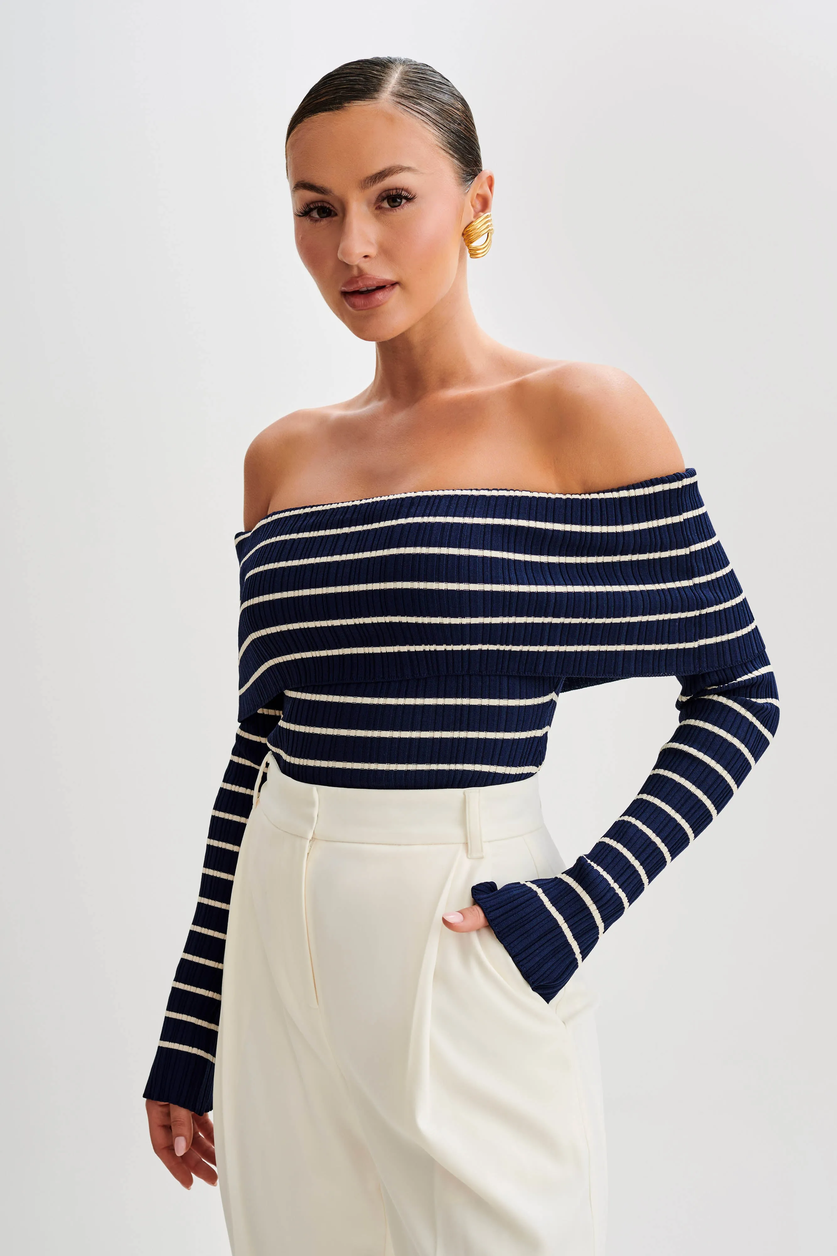 AllClimateAdaptive LowImpact Manufacturing Dominica Off Shoulder Knit Top - Navy