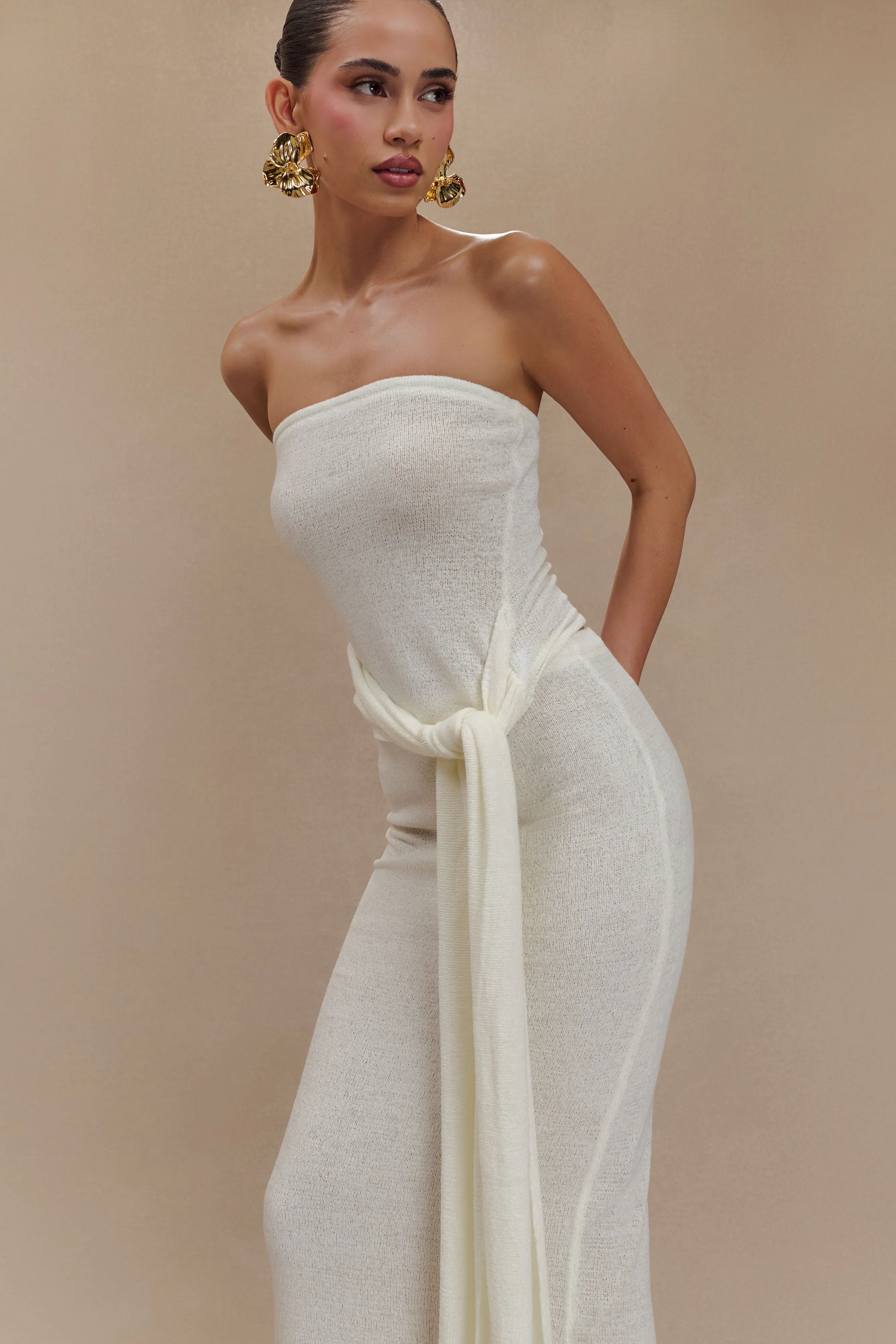 Phoebe Strapless Tie Knit Top - Ivory Flexible Knit Fabric