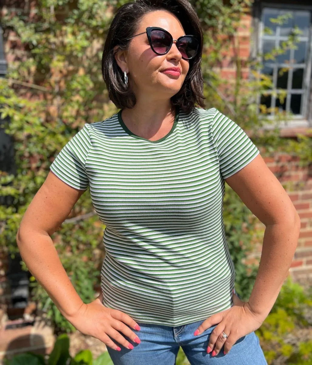 QuickDryTech Green Striped Cotton Rich Ribbed Tee