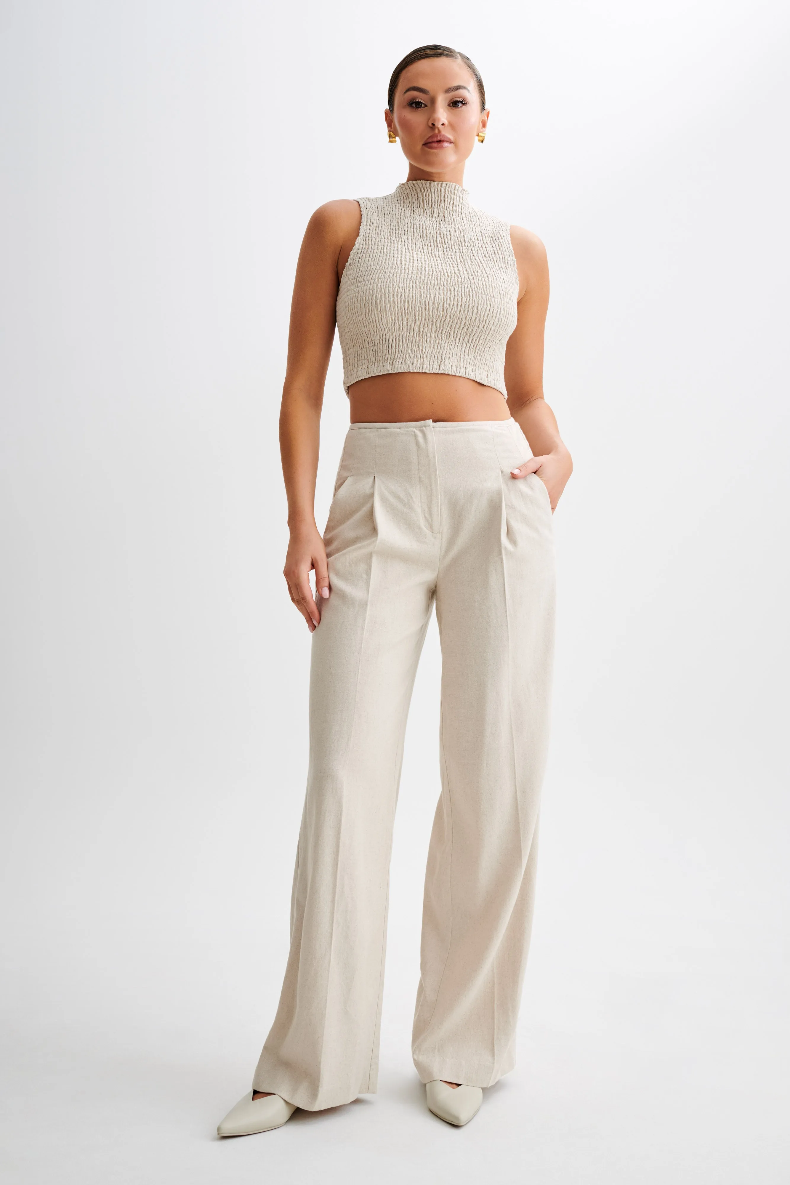 Adrina Straight Leg Linen Pant - Natural Belt loops