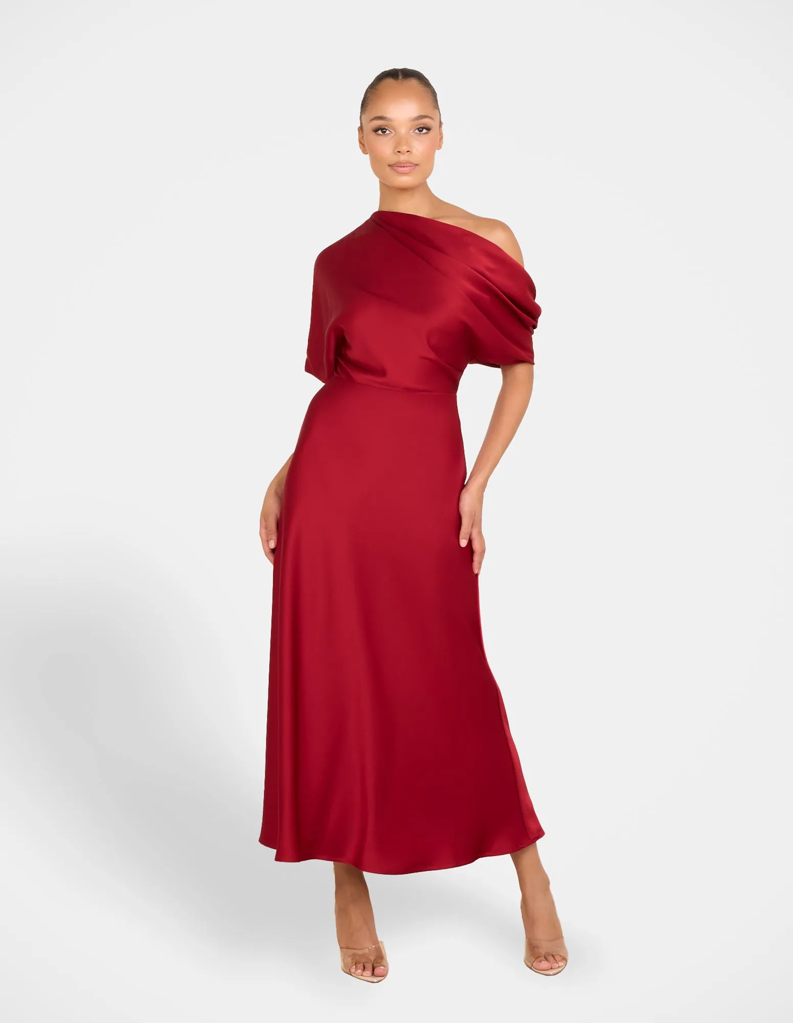 Cocktail-Party Effortless Fit Agatha Off Shoulder Midi Dress