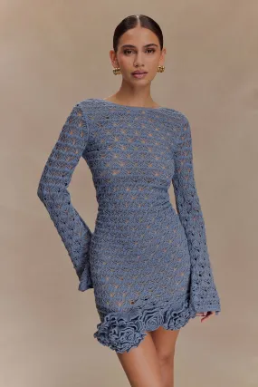 Drawstring-Waist Aileen Ruffle Crochet Mini Dress - Steel Blue