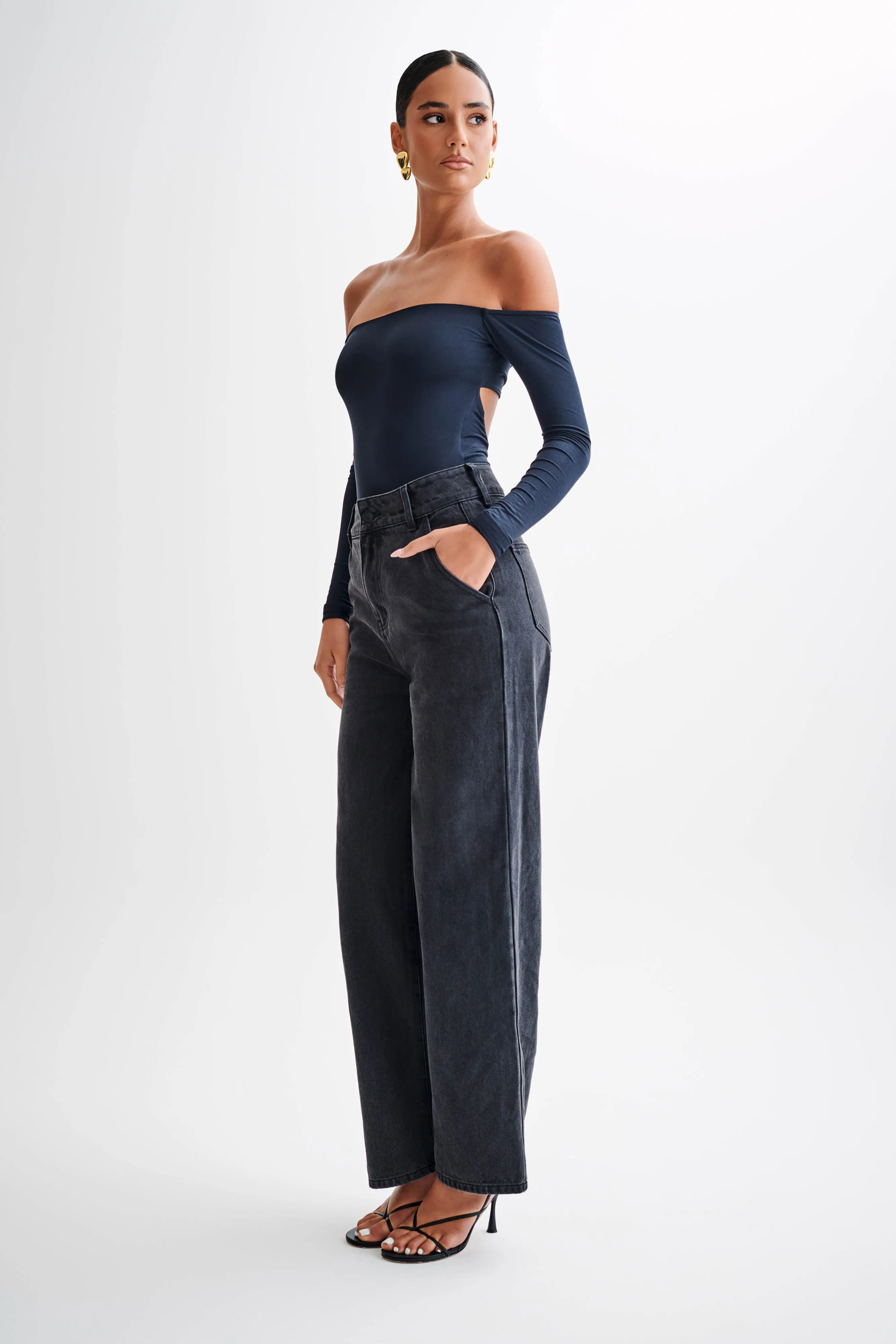 Peta Off Shoulder Modal Long Sleeve Bodysuit - Black WeightedHem BreathableMaterial