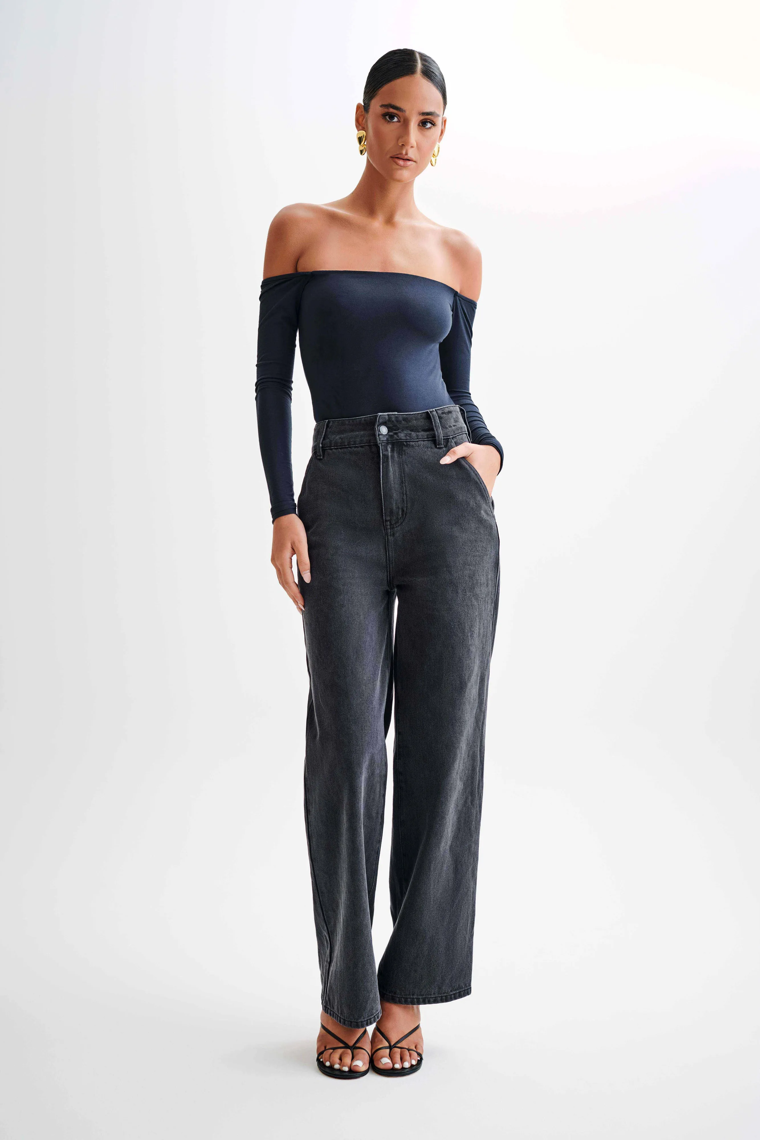 Stylish Look TearResistantWeave Peta Off Shoulder Modal Long Sleeve Bodysuit - Black