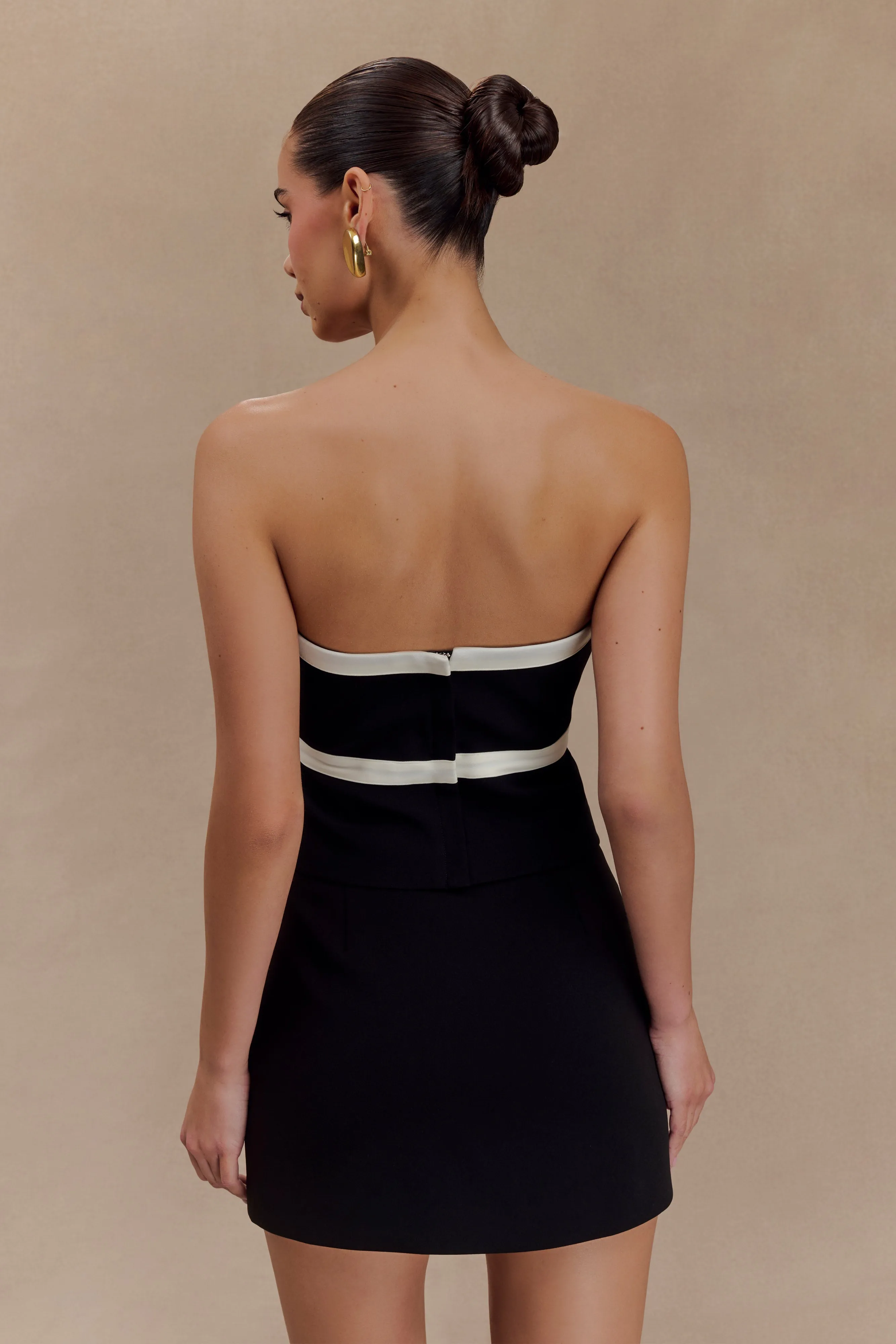 Aisha Strapless Suiting Top With Contrast Bows - Black & White Tapered Side Panels Drop Shoulder Cut