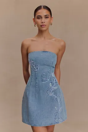 Akira Embroidered Denim Mini Dress - Mid Blue NonIrritatingLining