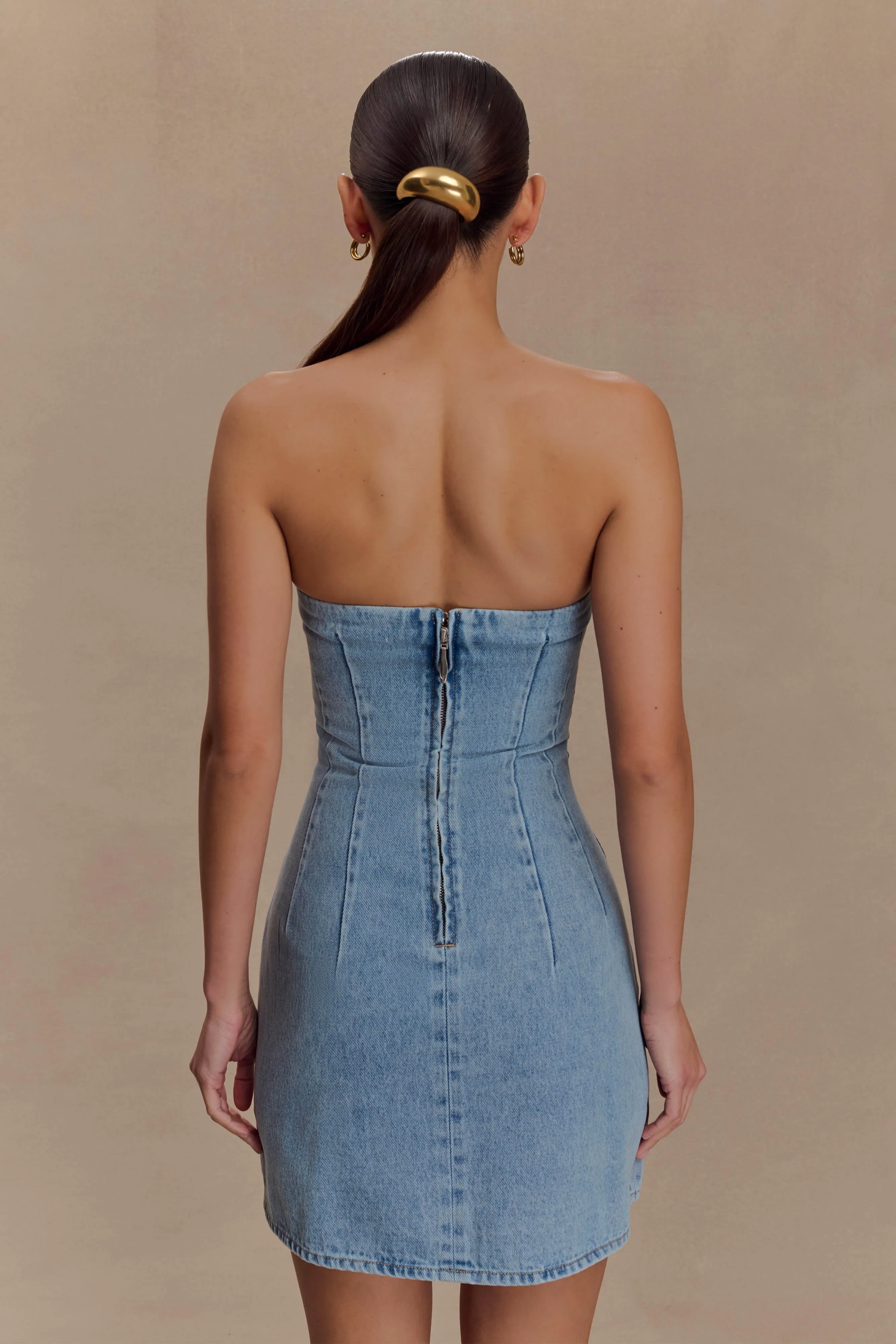Polished Cut Akira Embroidered Denim Mini Dress - Mid Blue
