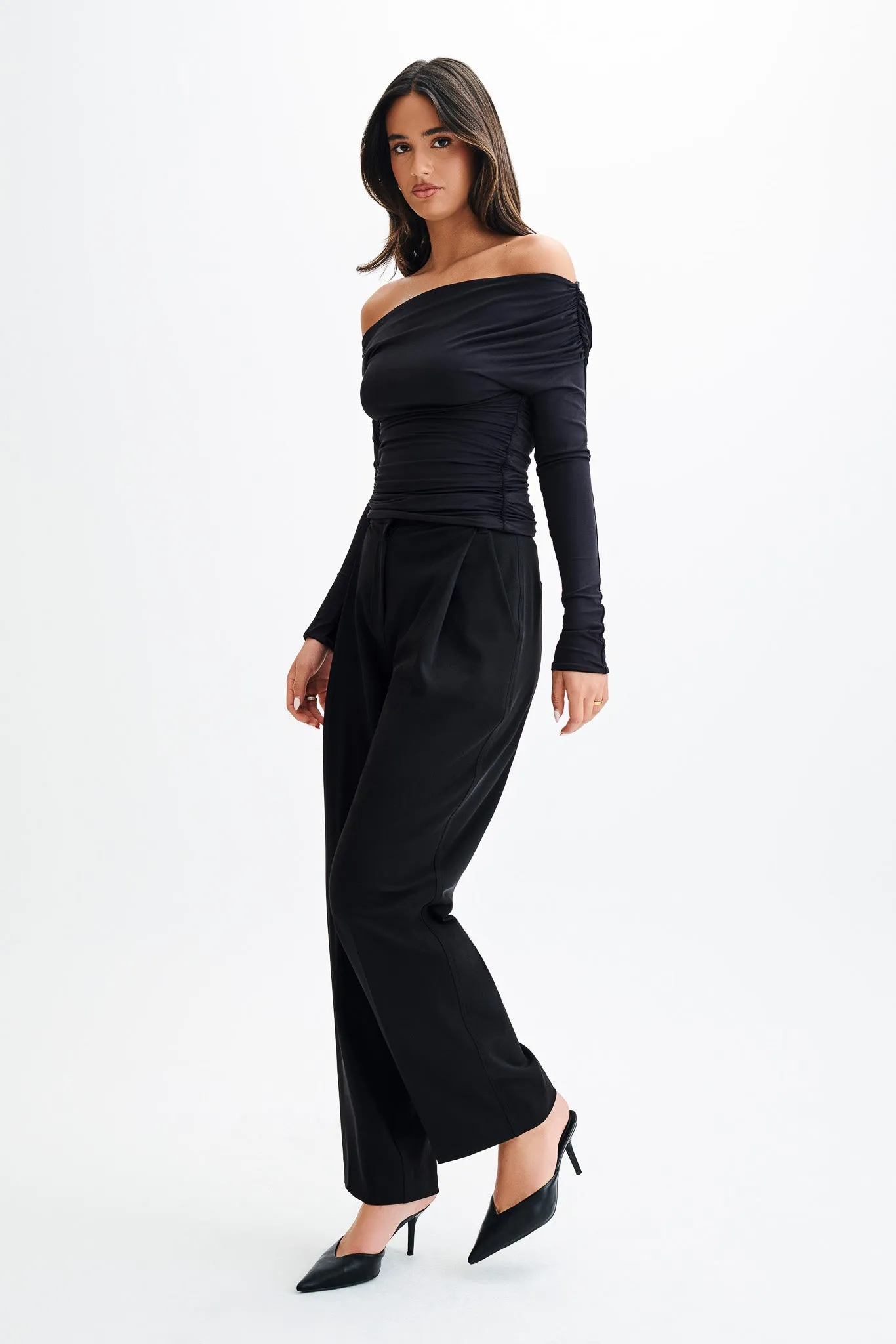 Alayna Long Sleeve Recycled Nylon Ruched Top - Black Modern Silhouette Professional Look