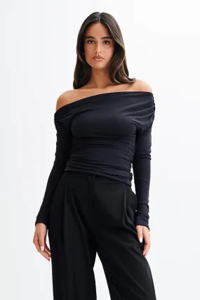 Tencel Lyocell Fiber Alayna Long Sleeve Recycled Nylon Ruched Top - Black