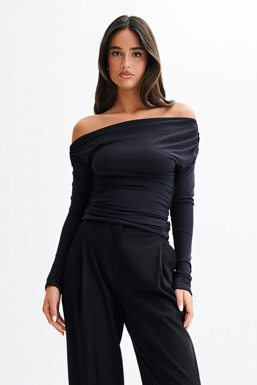 Tencel Lyocell Fiber Alayna Long Sleeve Recycled Nylon Ruched Top - Black
