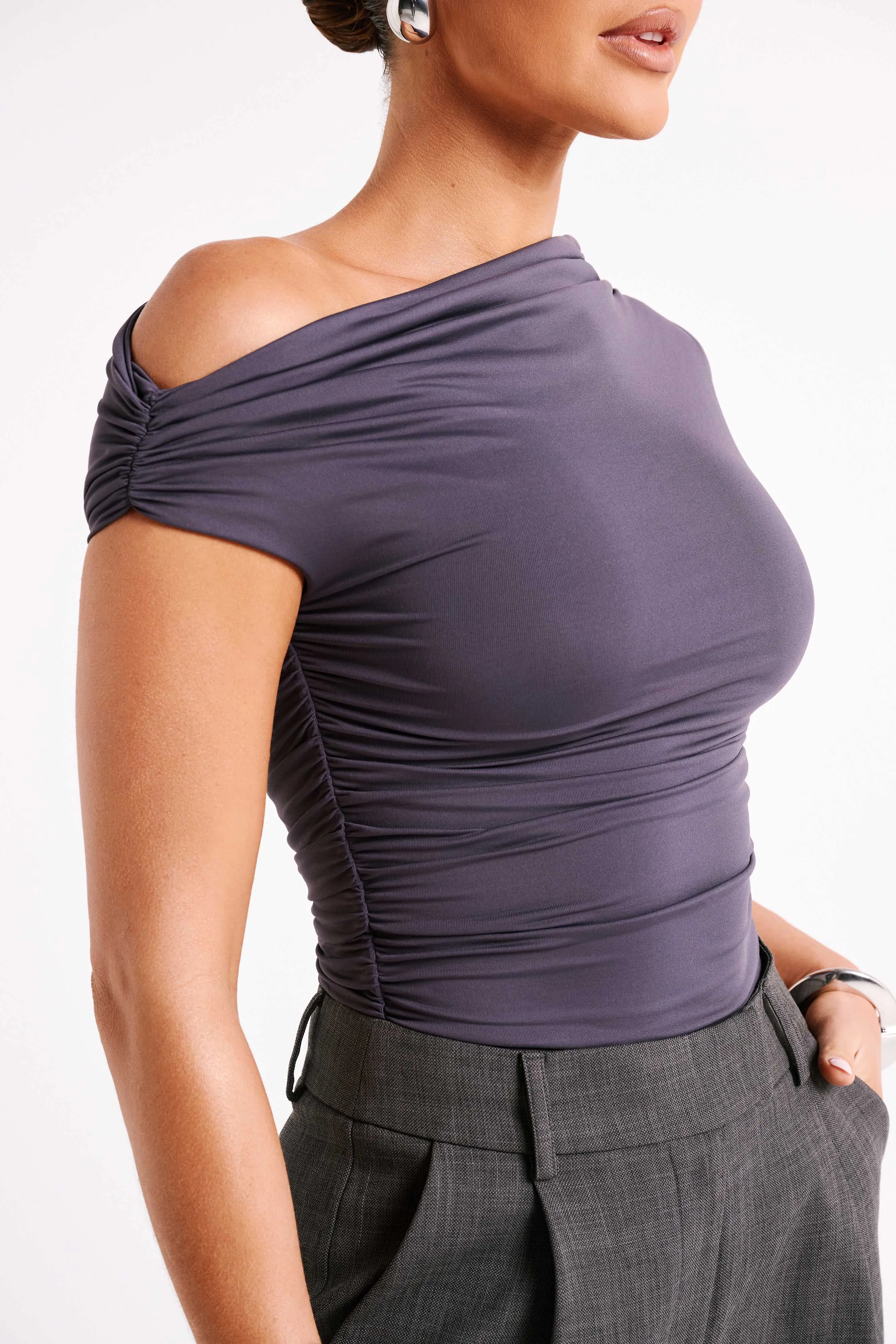 Summer Polo Hidden Zipper Pocket Alayna Recycled Nylon Ruched Top - Charcoal