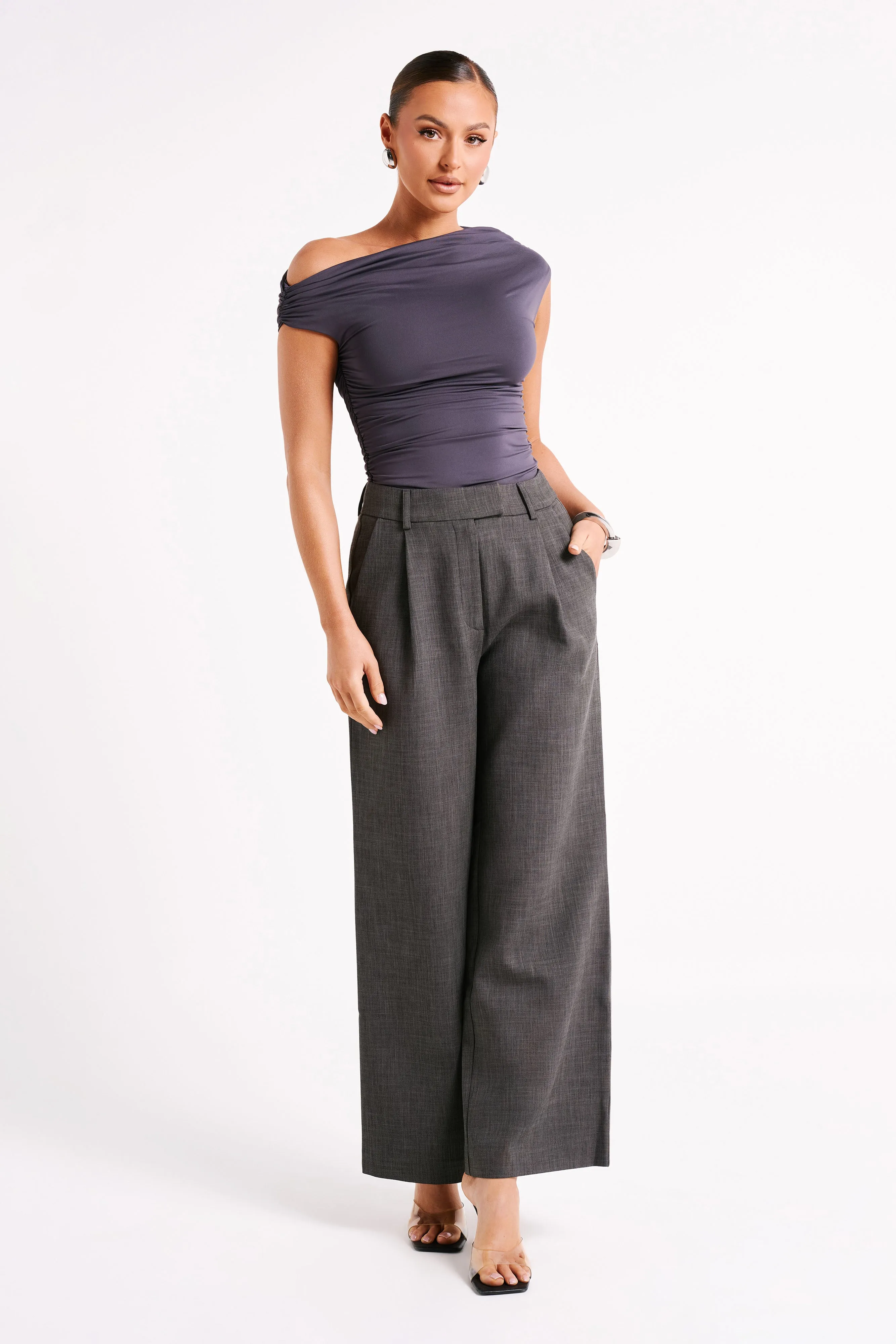 Alayna Recycled Nylon Ruched Top - Charcoal Microfiber texture