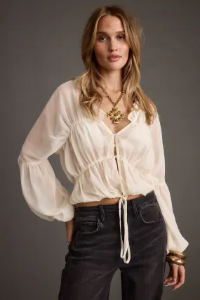 ReflectiveTrim TaglessLabel Alba White Chiffon Long Sleeve Blouse