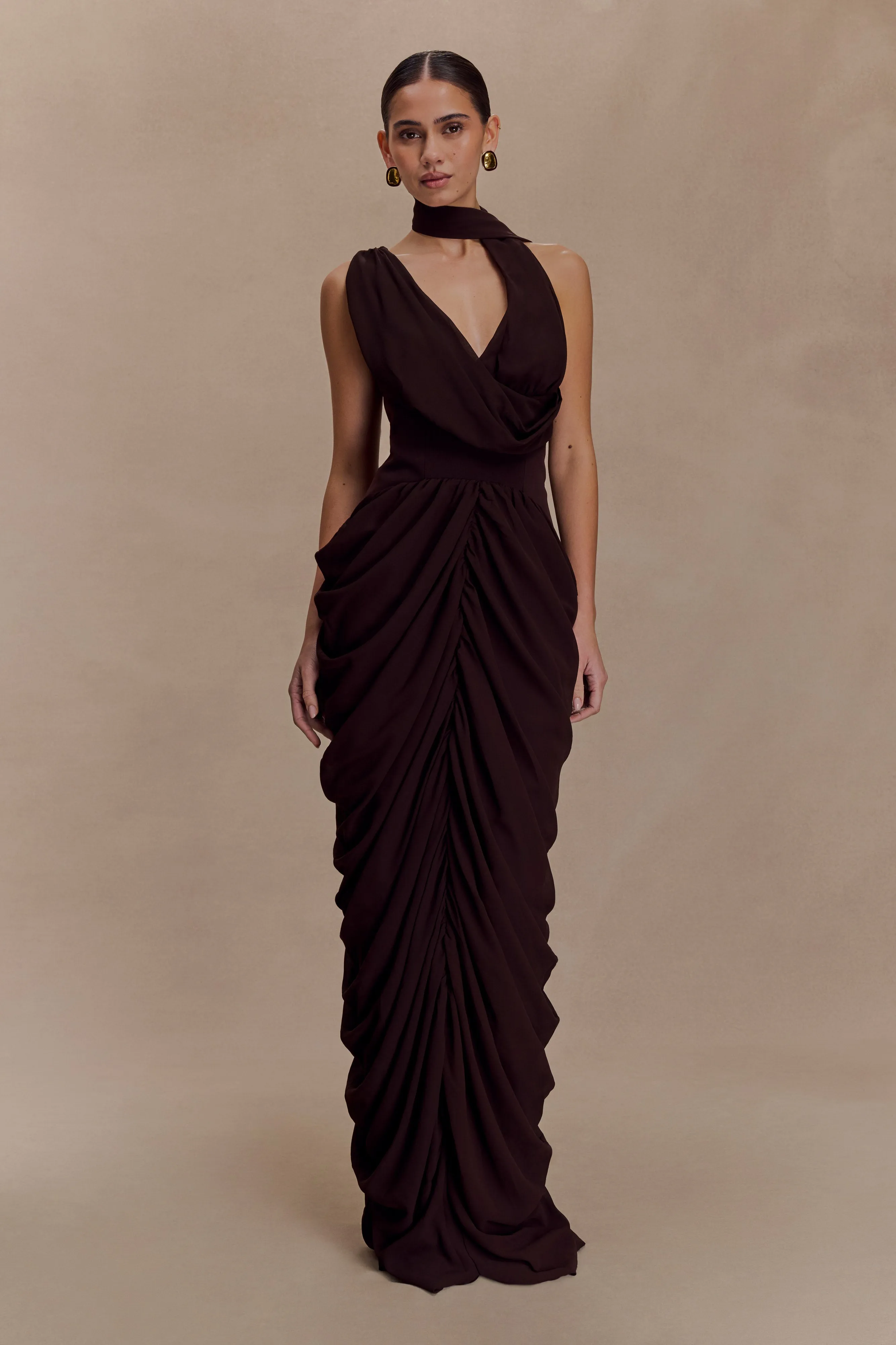 Gloss Finish Light Blend Alex Chiffon Maxi Dress - Cacao Brown
