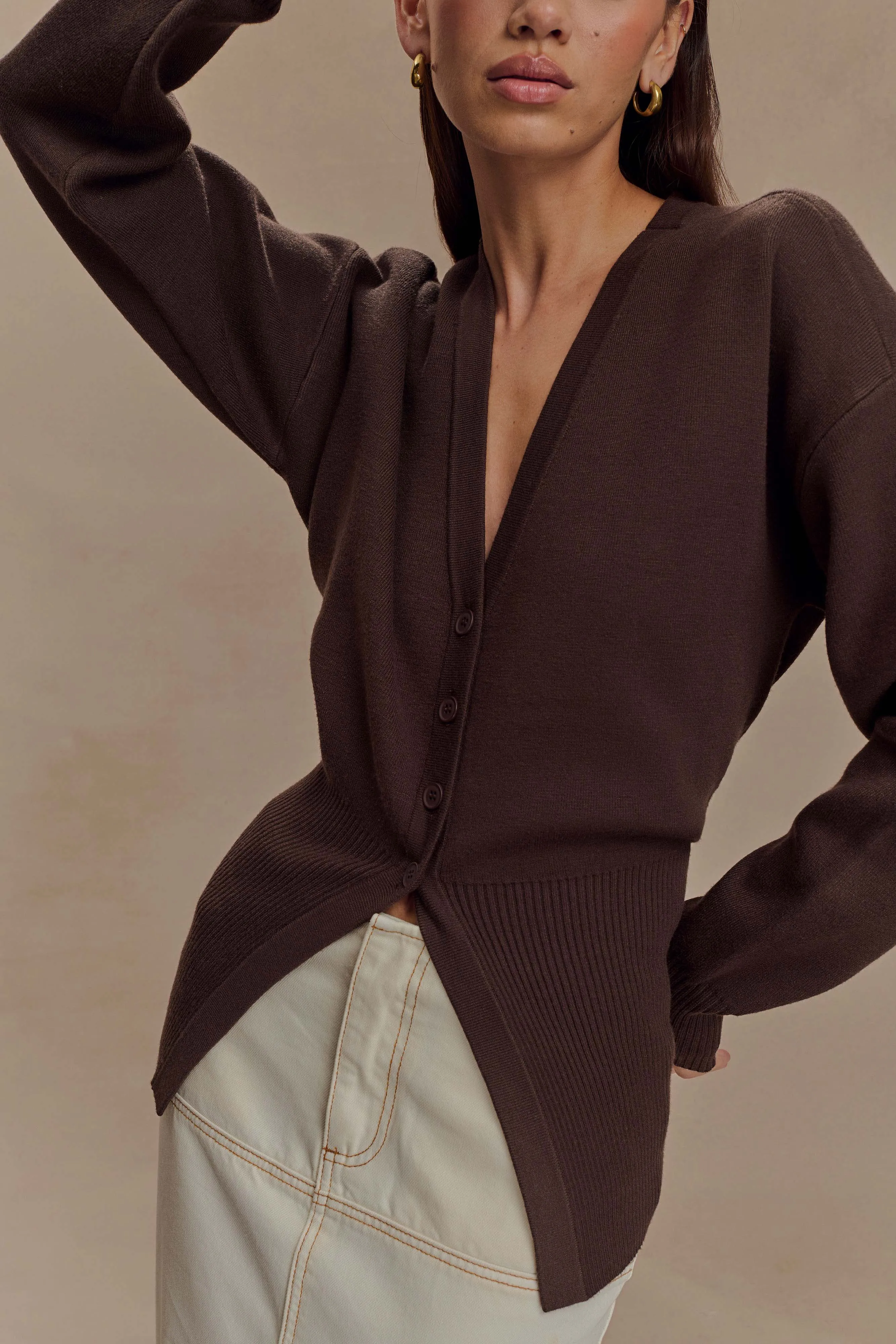 Frictionless Lining Alexia Buttoned Oversized Cardigan - Dark Chocolate