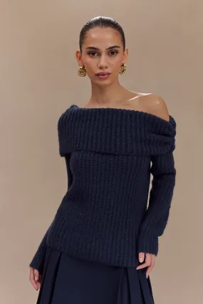Alicia Off Shoulder Knit Top - Dark Navy Stretch Knit Fabric Active Wear