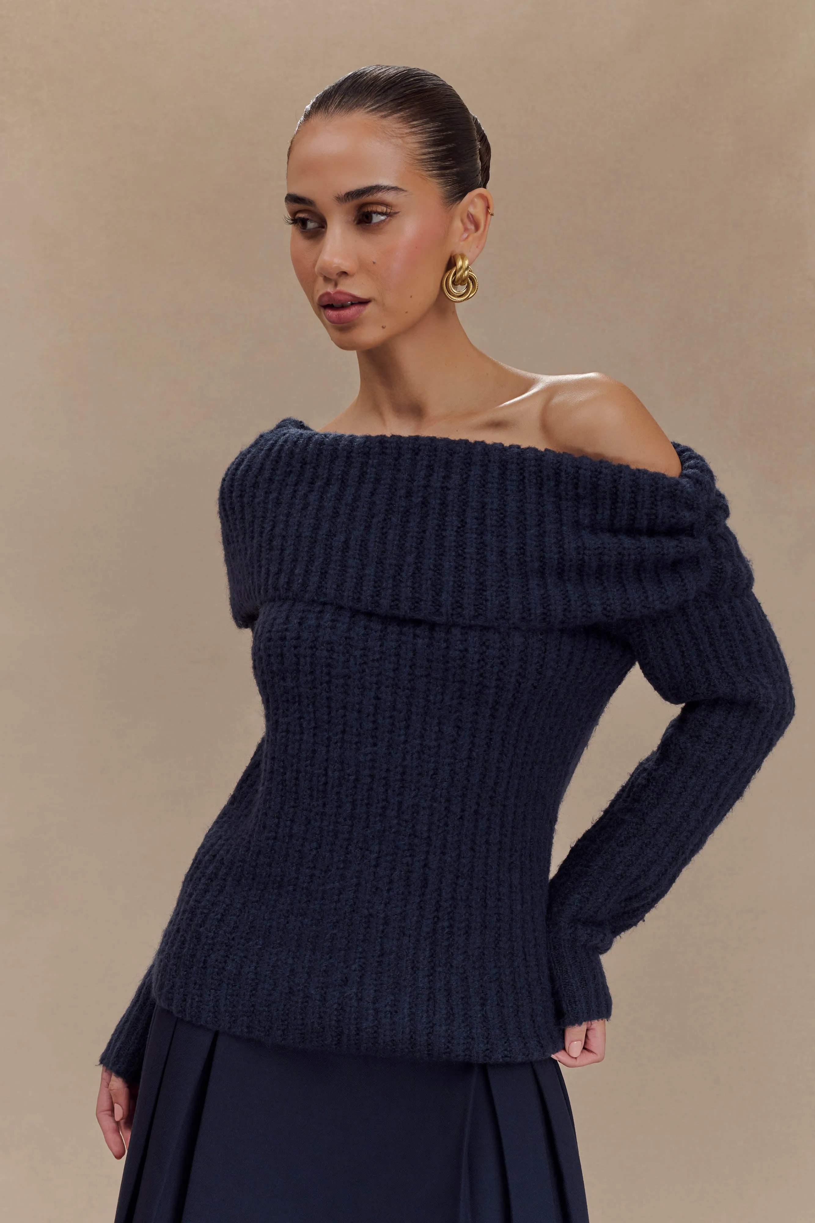 Hot Weather Alicia Off Shoulder Knit Top - Dark Navy