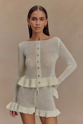 Adjustable Hood Feature Eleanor Knit Frill Cardigan - White