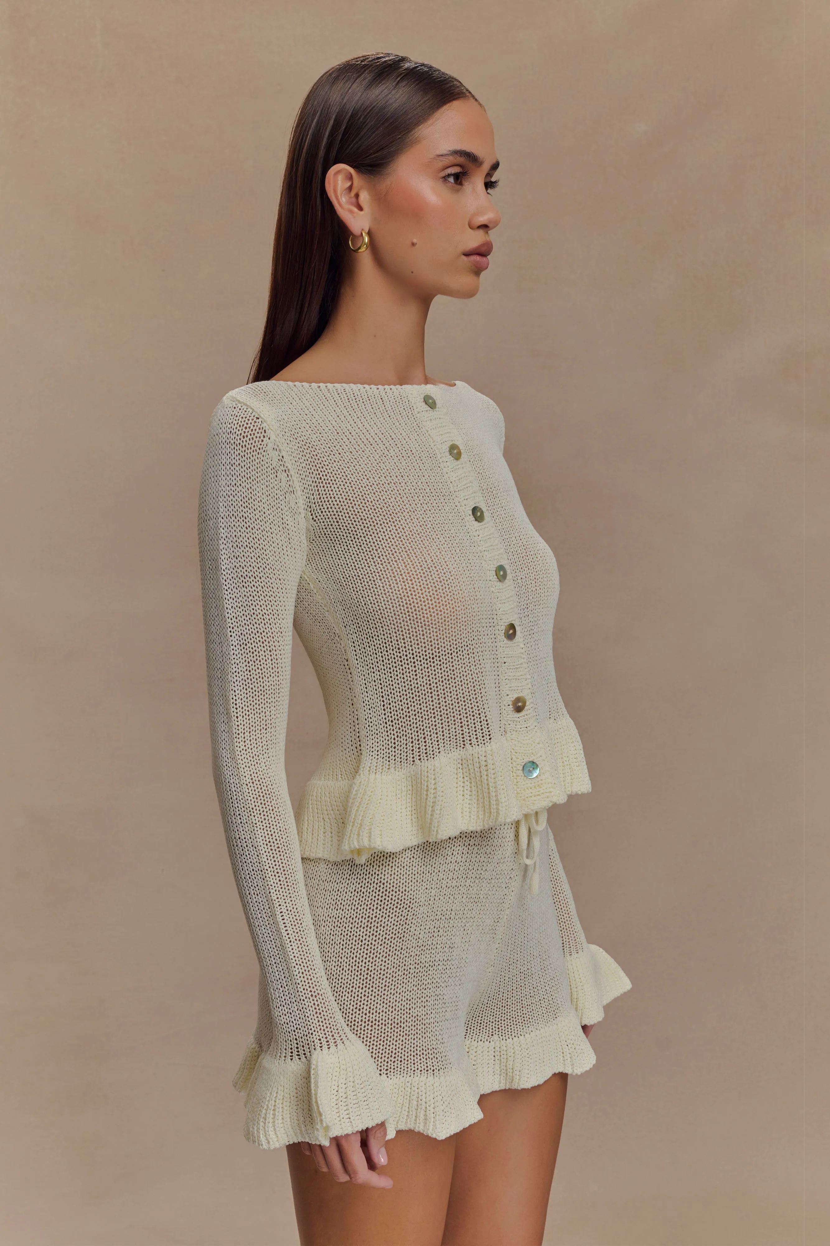 City Chill Style Double Breasted Eleanor Knit Frill Cardigan - White